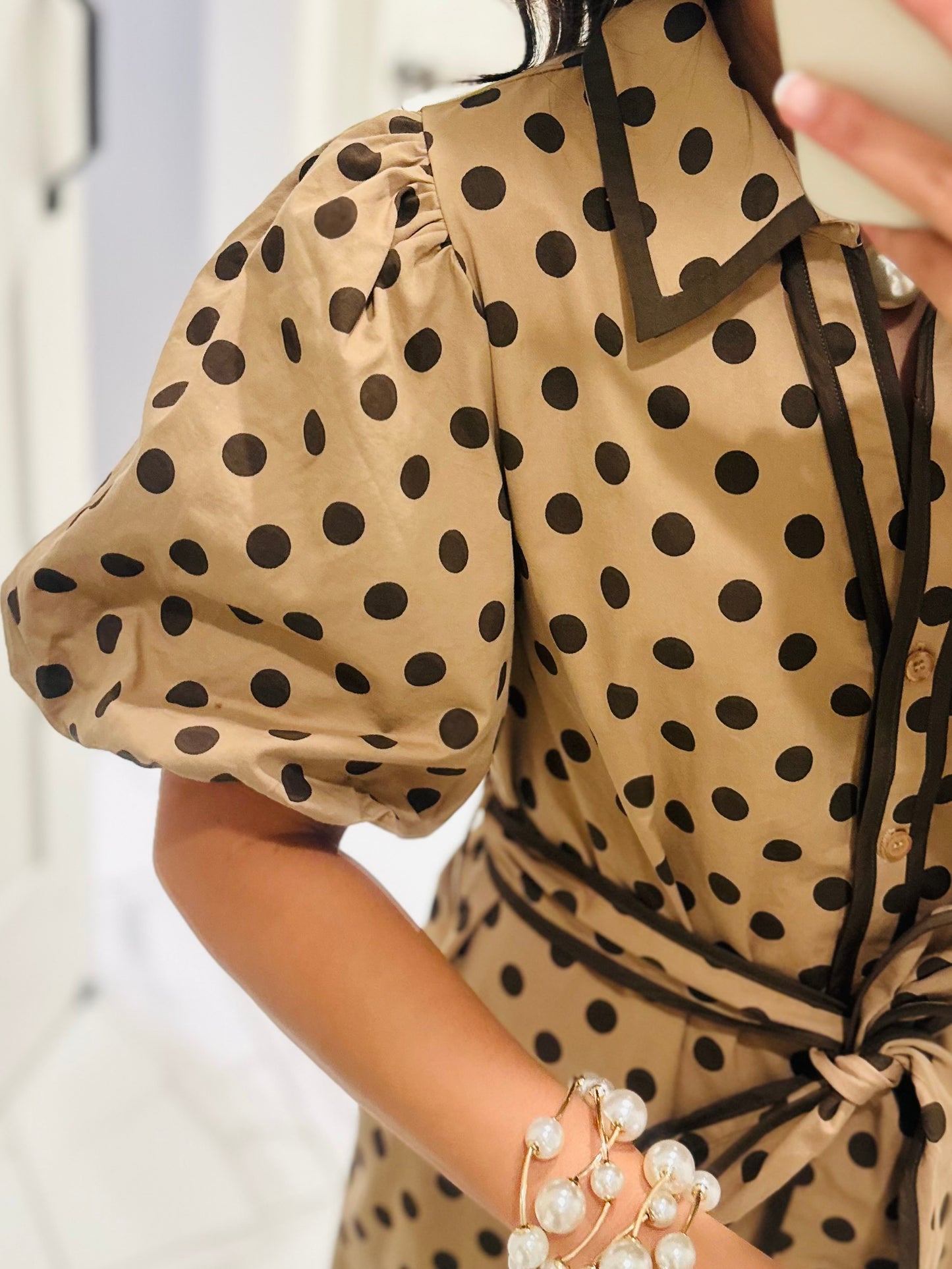 The Tatum Taupe Polka Dot Midi Dress
