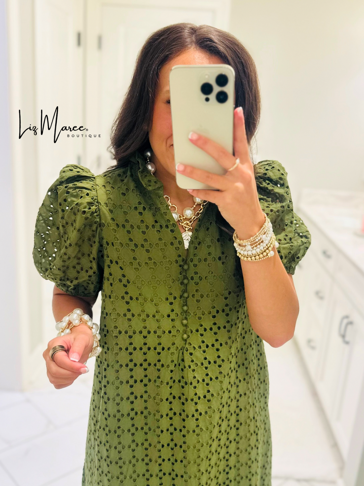 The Liz Olive Green Eyelet Midi Dress
