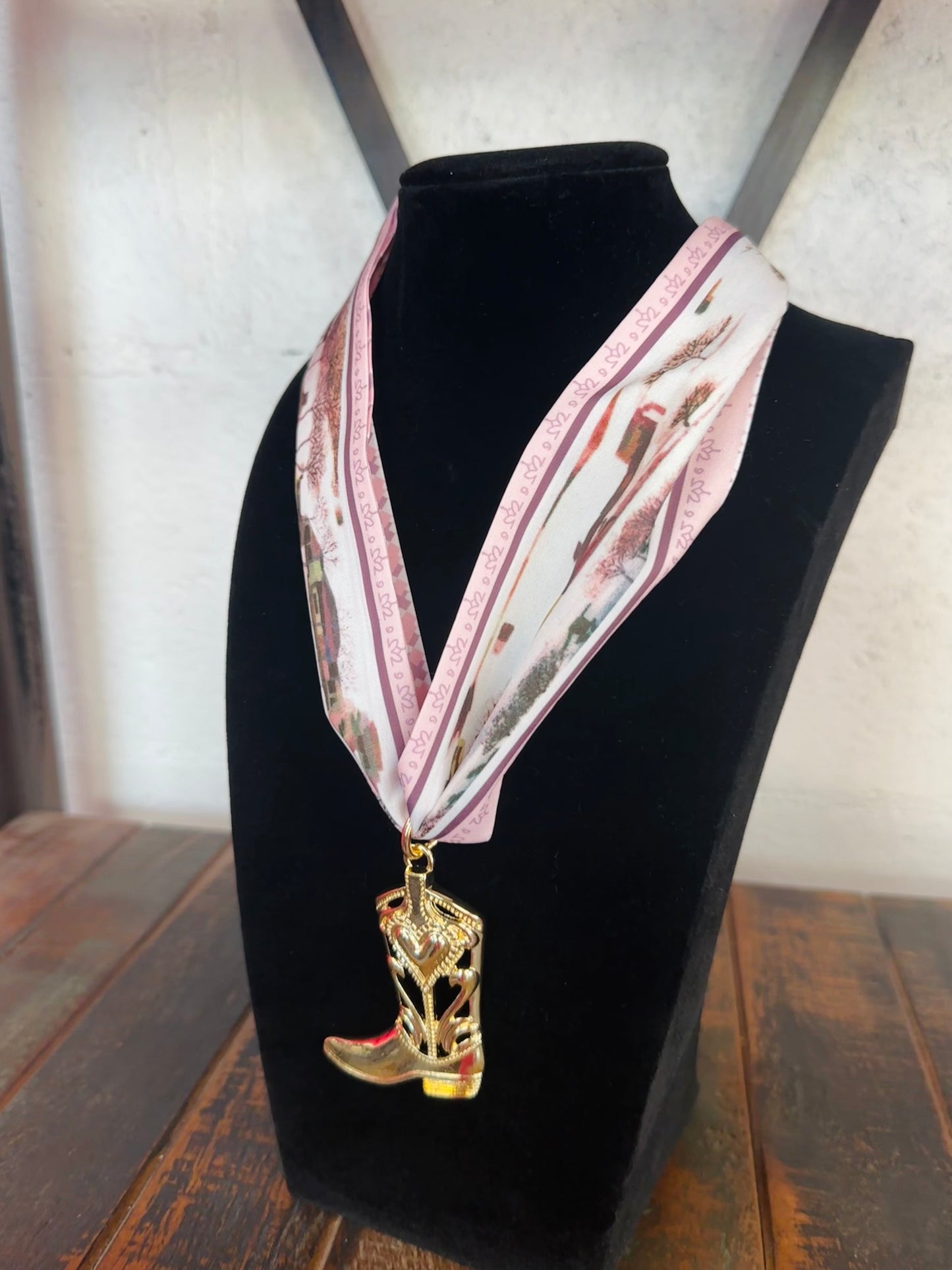 Pink Floral Silk Scarf + Gold Boot Pendant Necklace