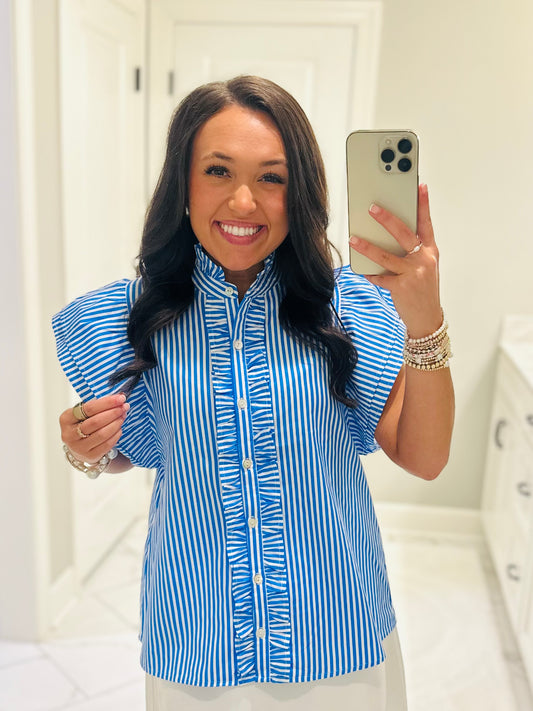 The Virginia Blue Striped Ruffle Top