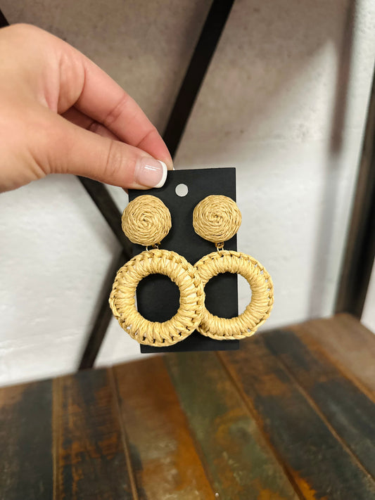 Brown Rattan Wrapped Circle Drop Earrings