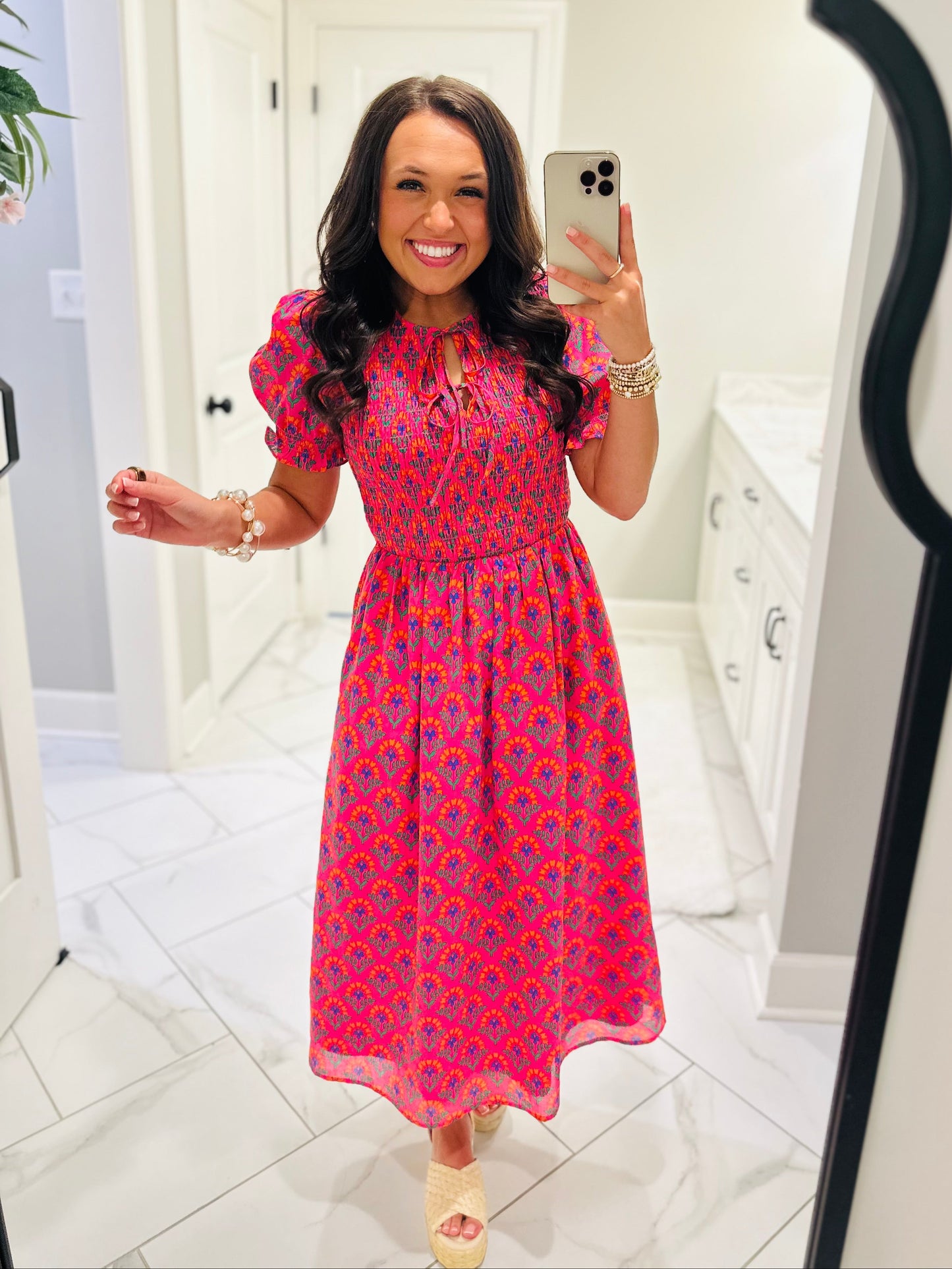 The Tamry Pink Smocked Midi Dress