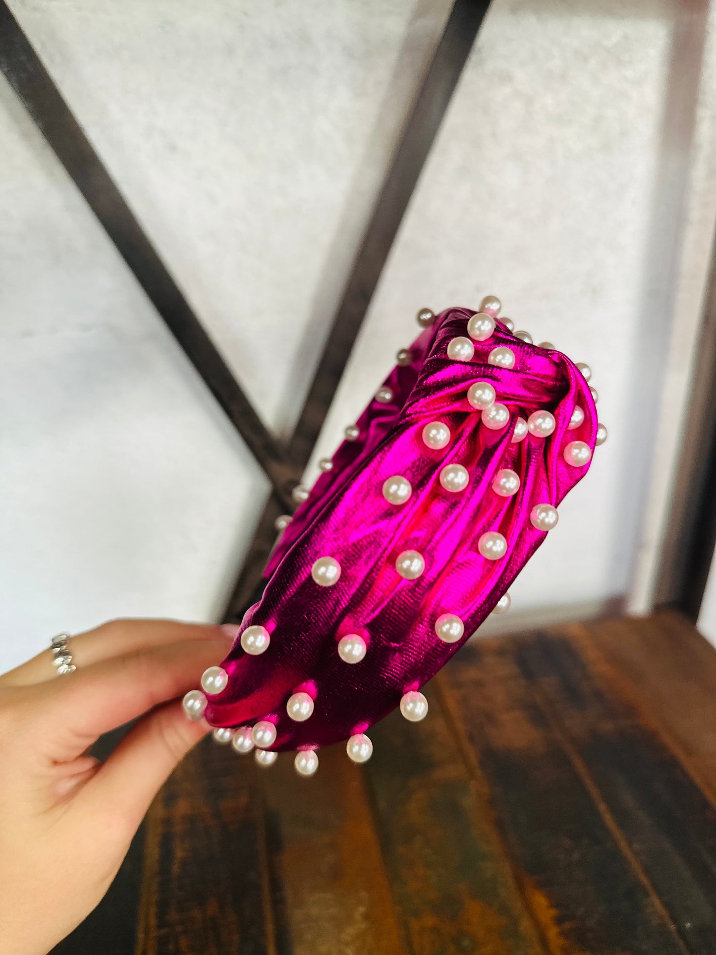 Fuchsia Metallic Pearl Embellished Top Knot Headband