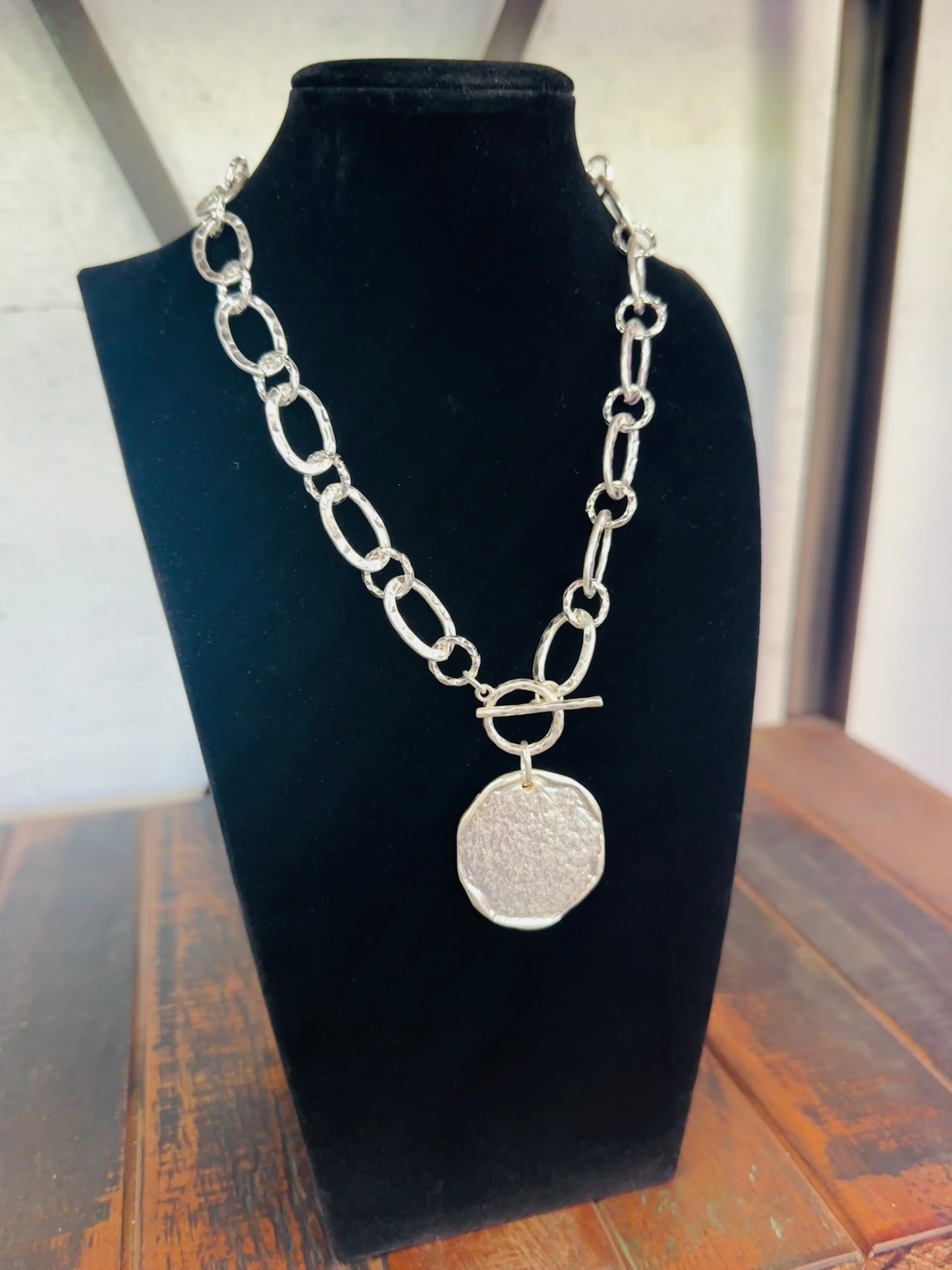 Silver Hammered Coin Charm Chain Necklace