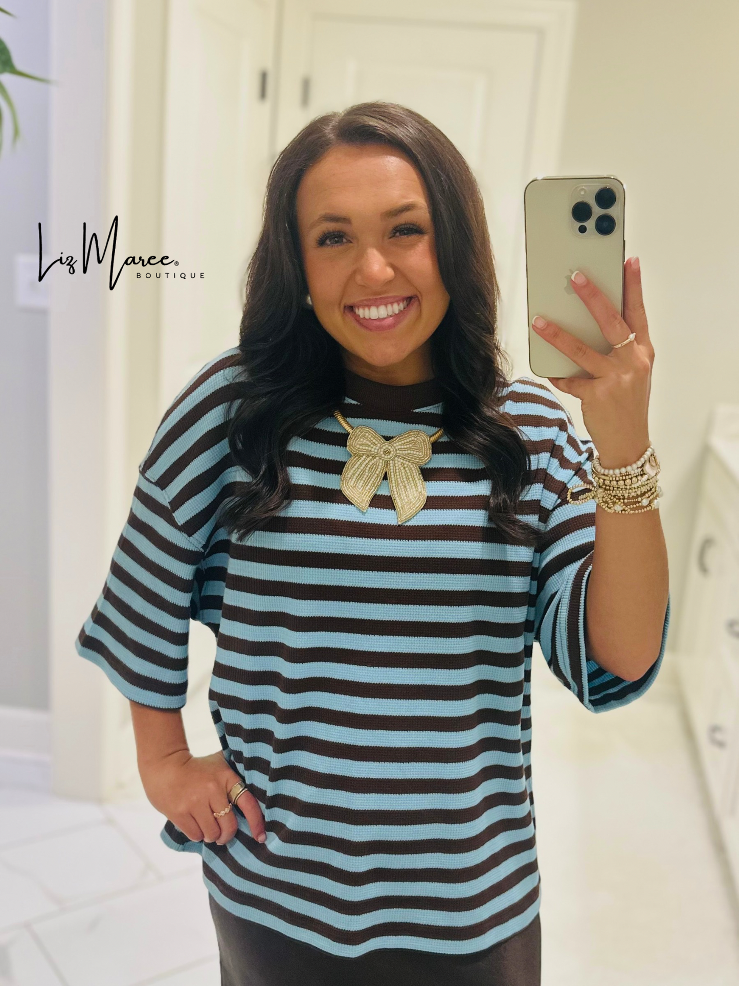 The Everly Blue + Brown Striped Knit Top