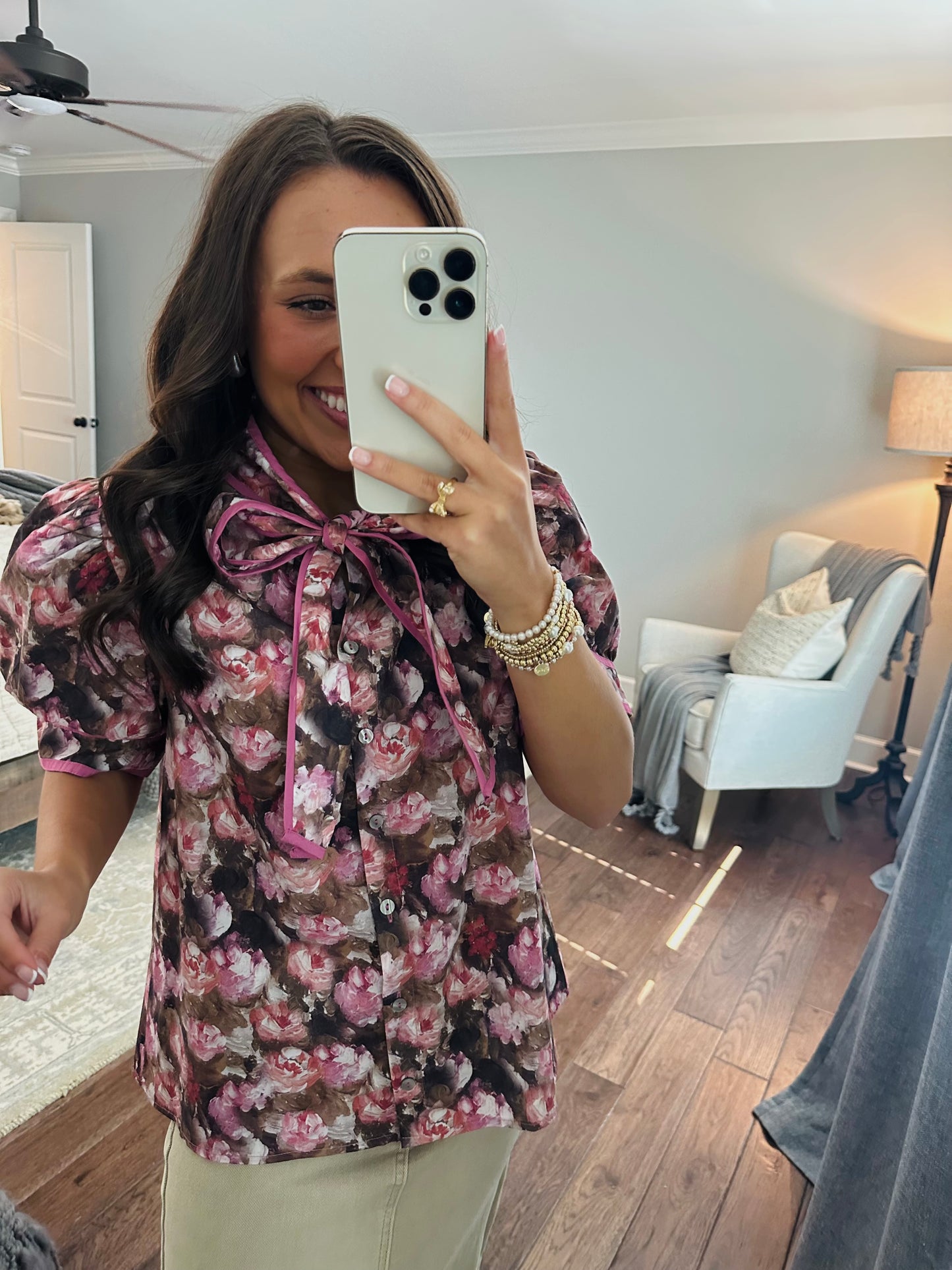 The Maggie Pink + Brown Floral Bow Top