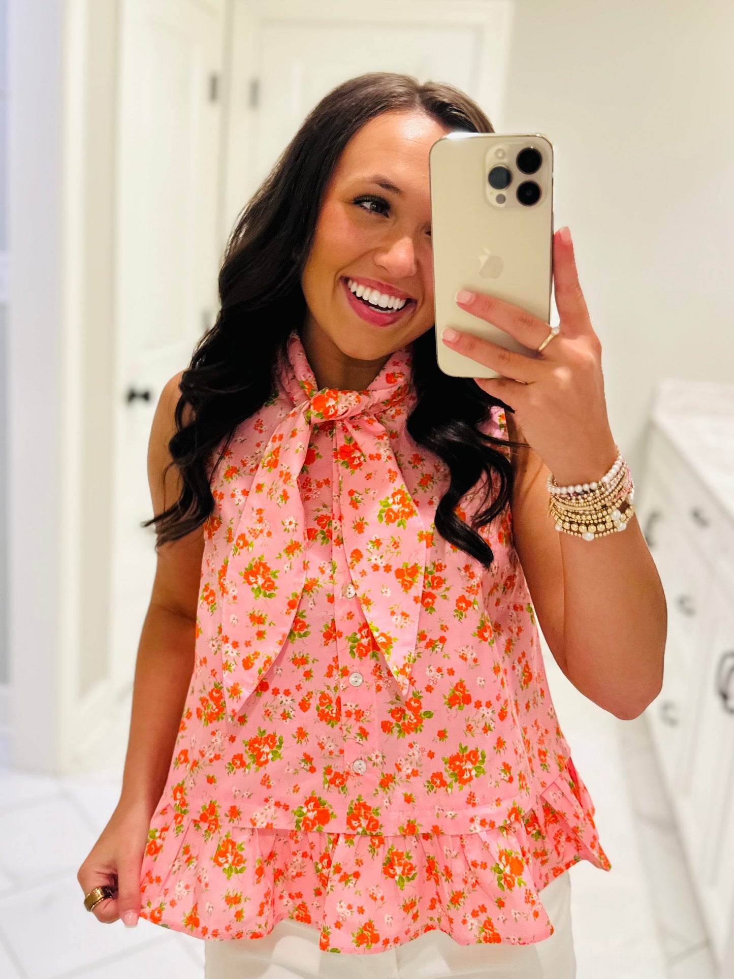 The Jane Pink Floral Bow Top