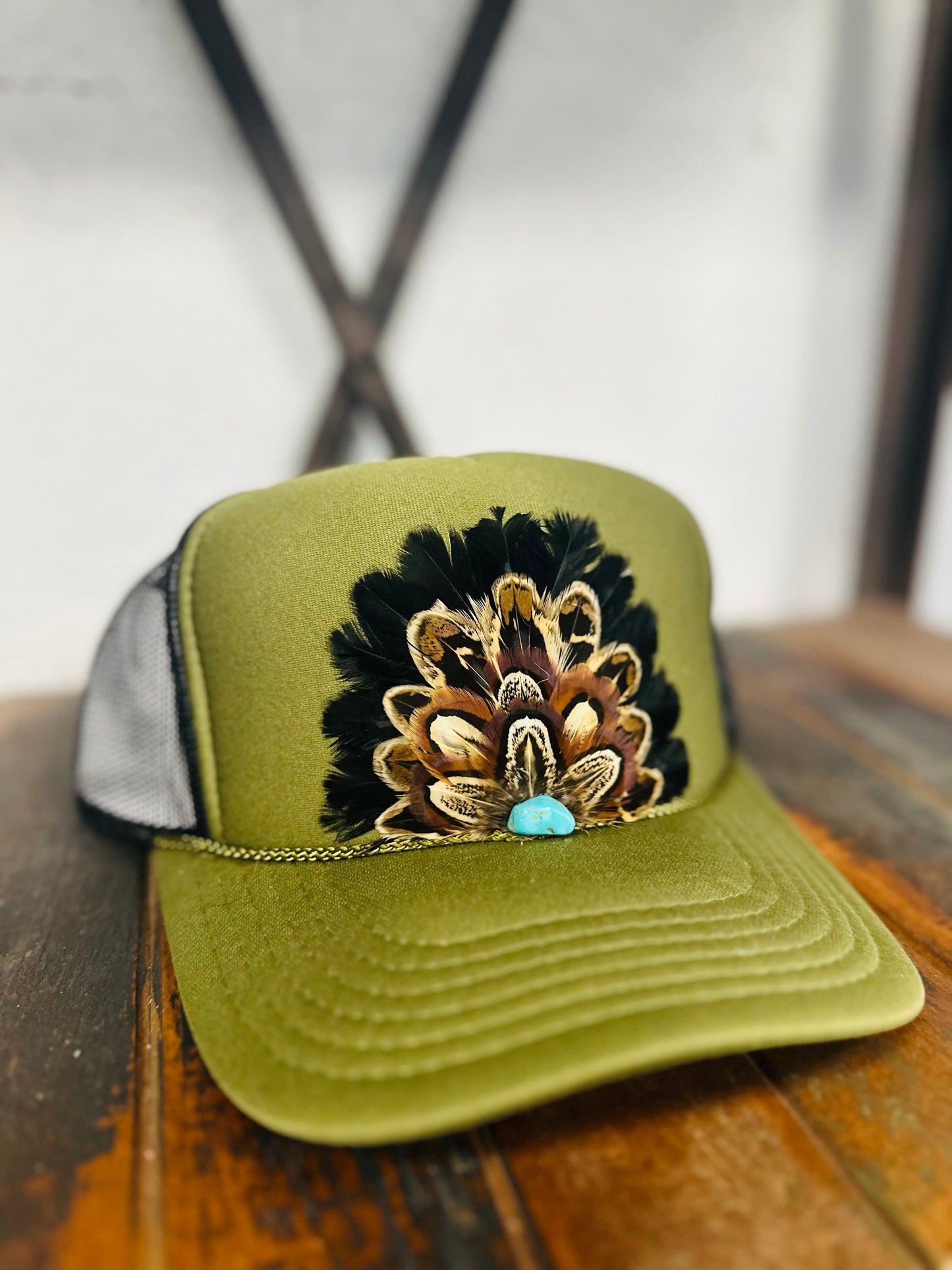 Olive Green Feather + Turquoise Stone Trucker Hat