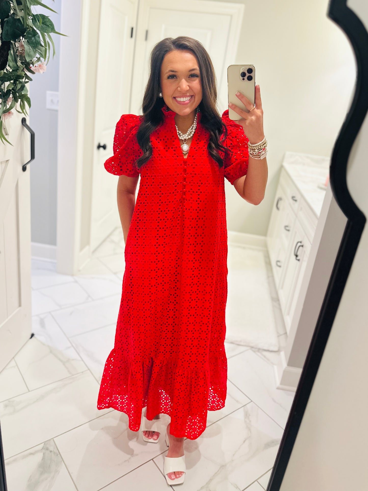 The Liz Red Eyelet Midi Dress