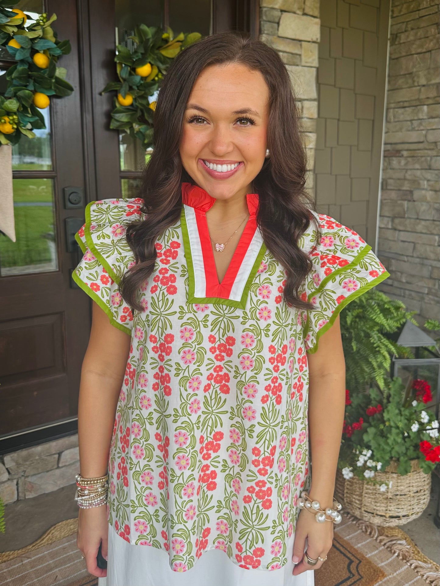 The Cora Green + Coral Floral Top