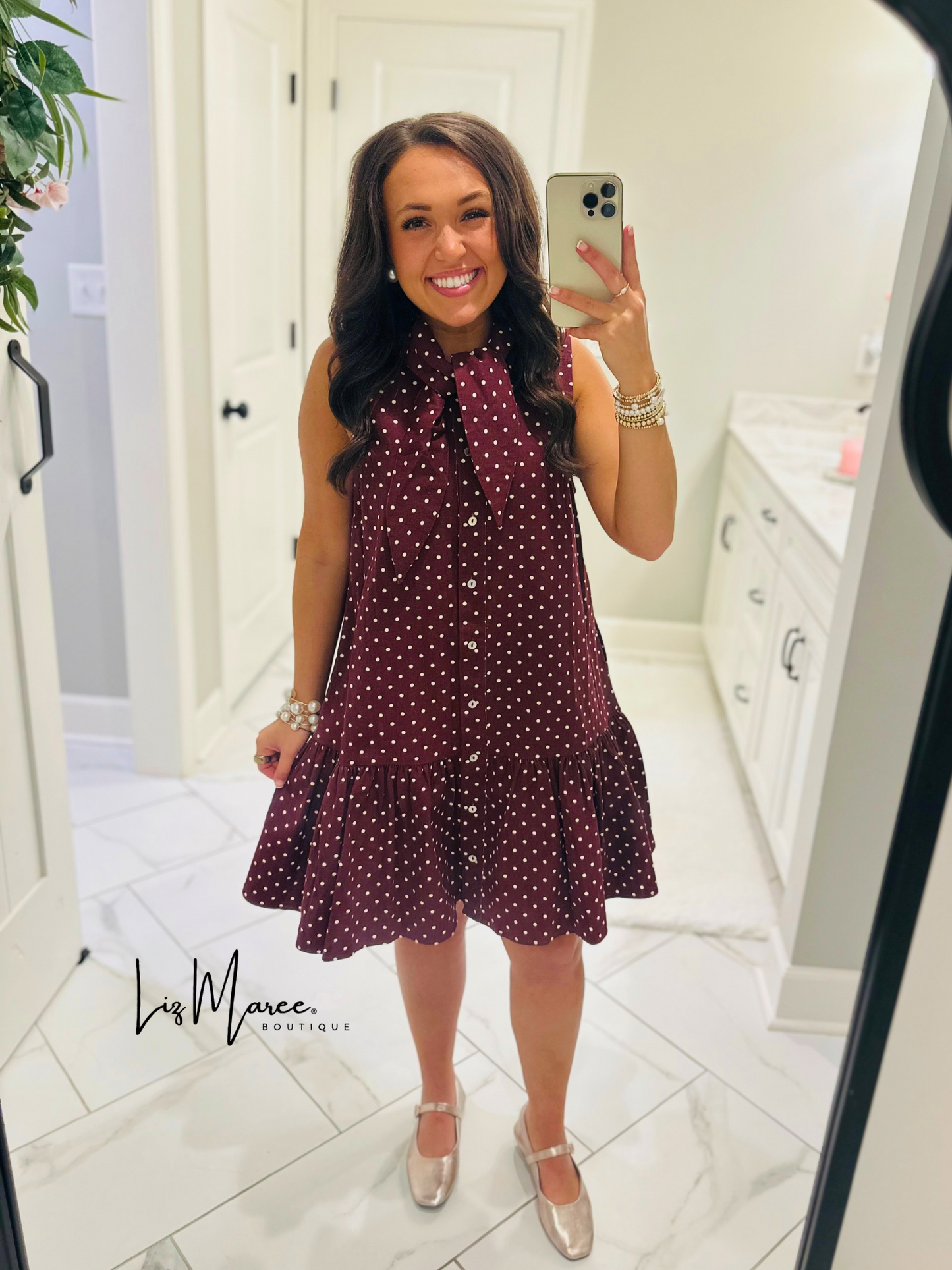 The Stella Burgundy Polka Dot Denim Dress