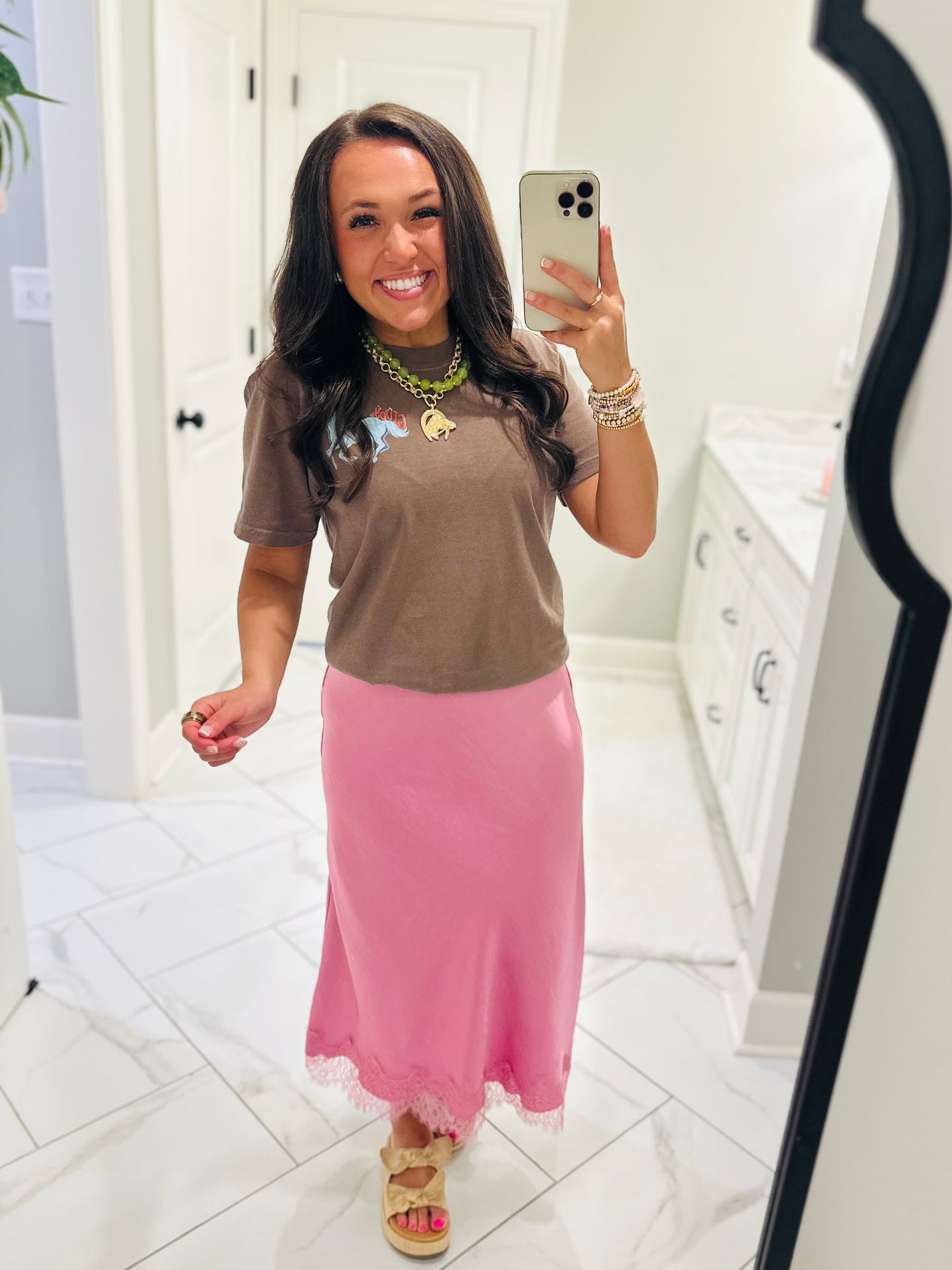 The Laney Pink Satin Lace Midi Skirt