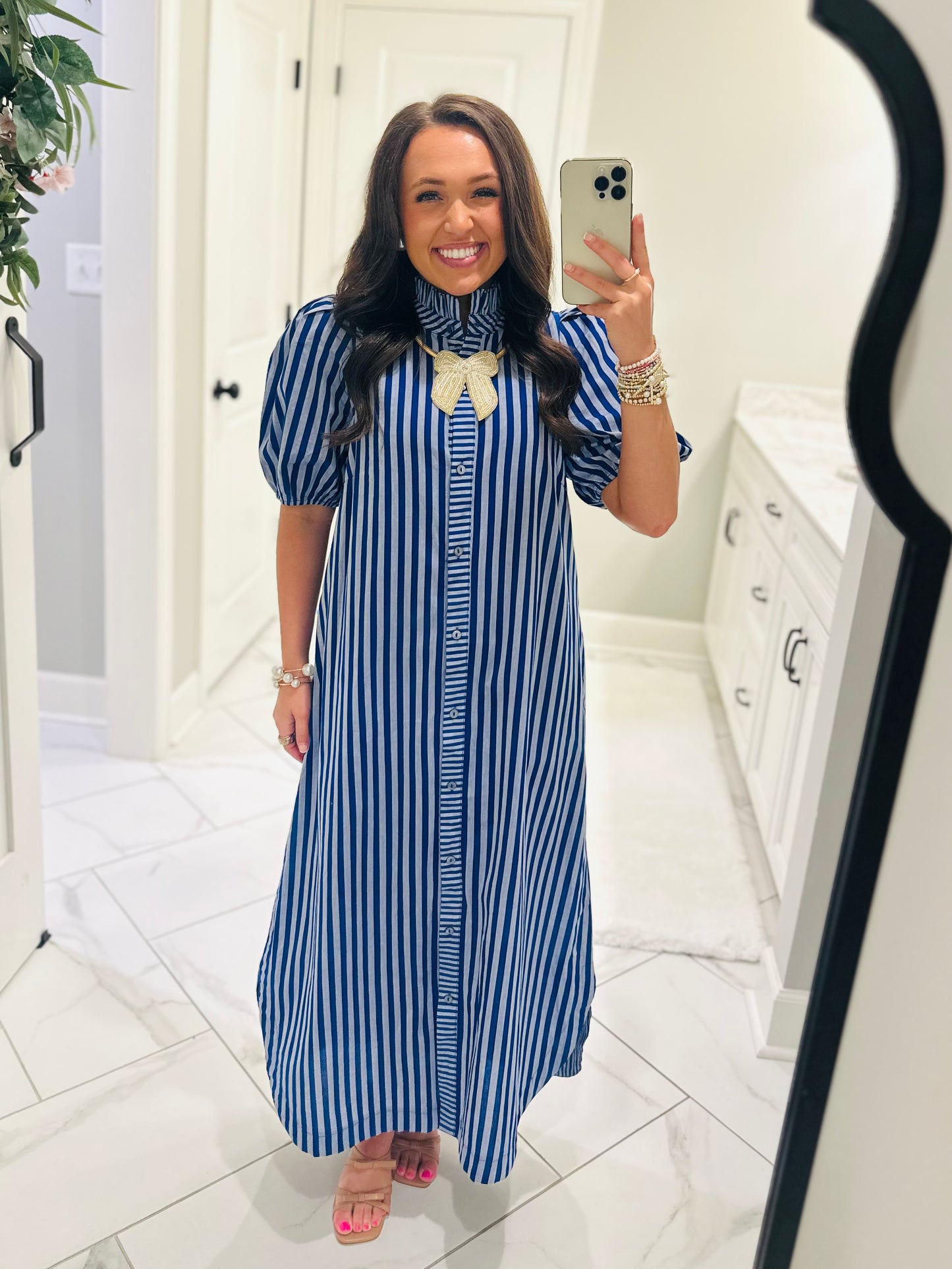The Quinn Navy Blue Striped Midi Dress