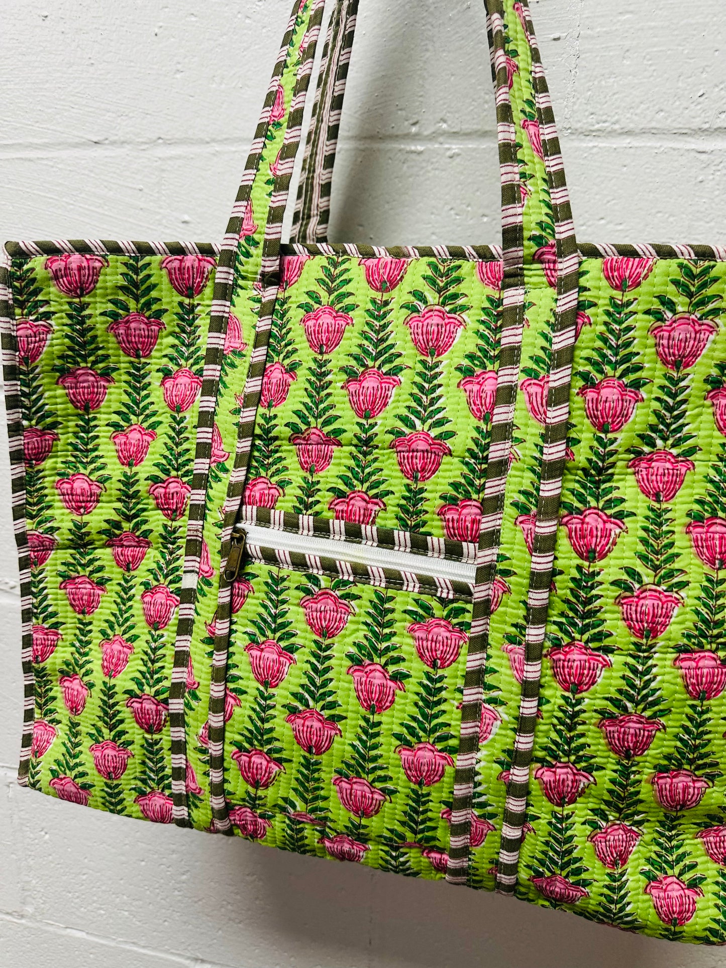 The Green + Pink Ivy Floral Quilted Tote Bag