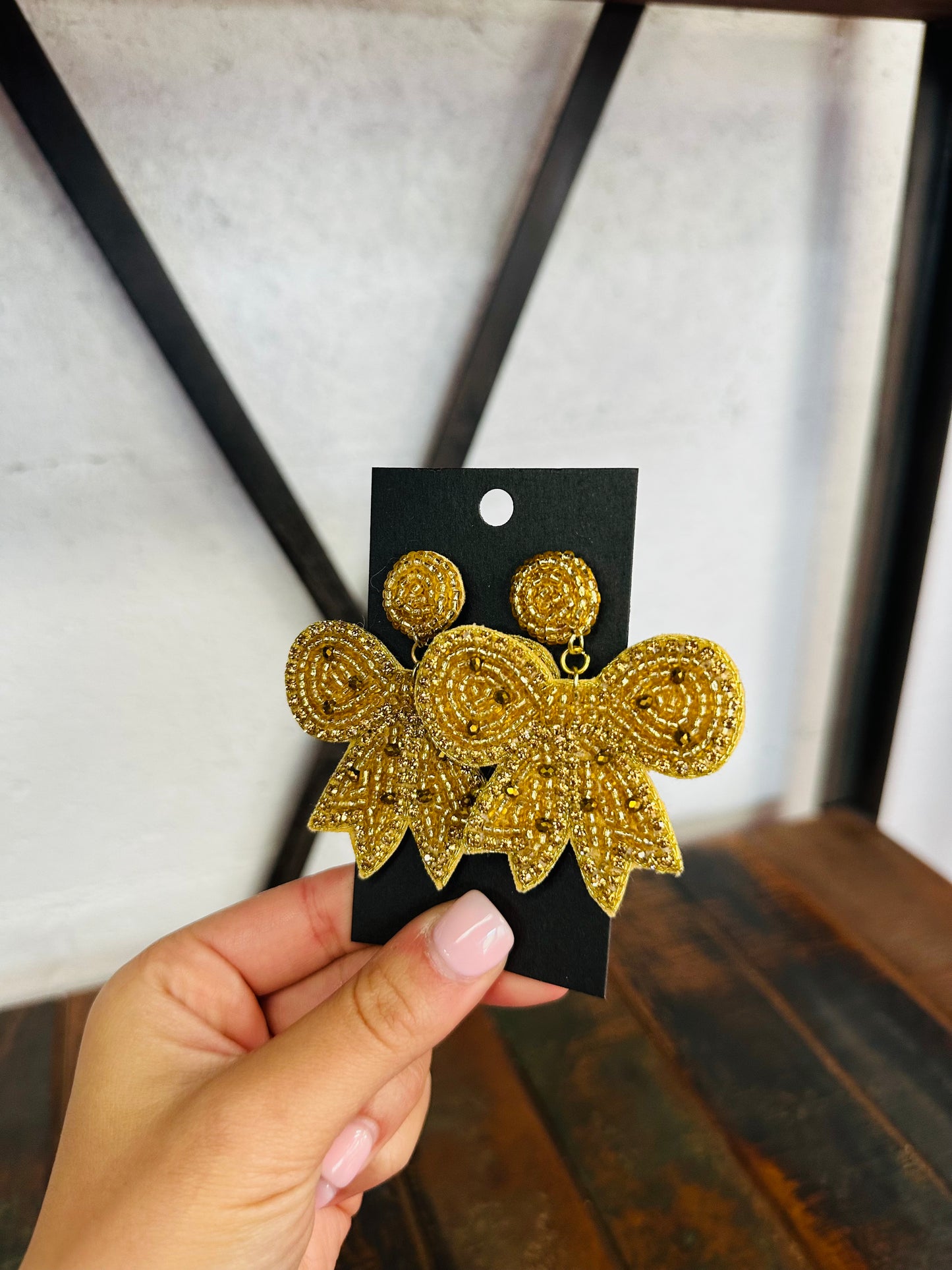 Gold Beaded Bow Earring
