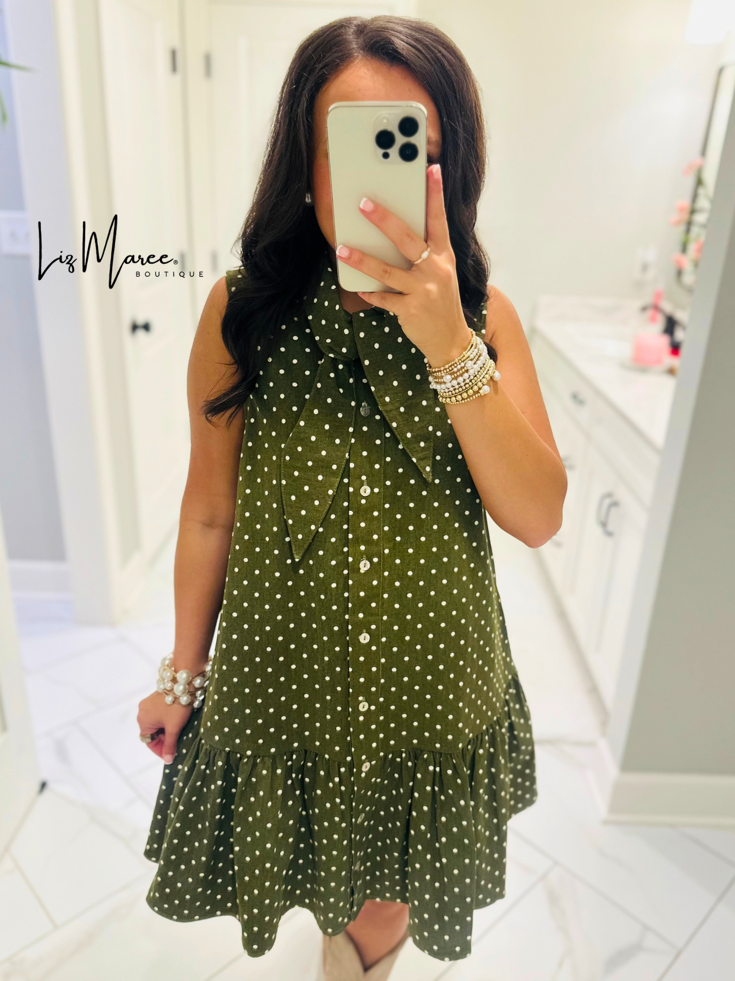 The Stella Olive Green Polka Dot Denim Dress