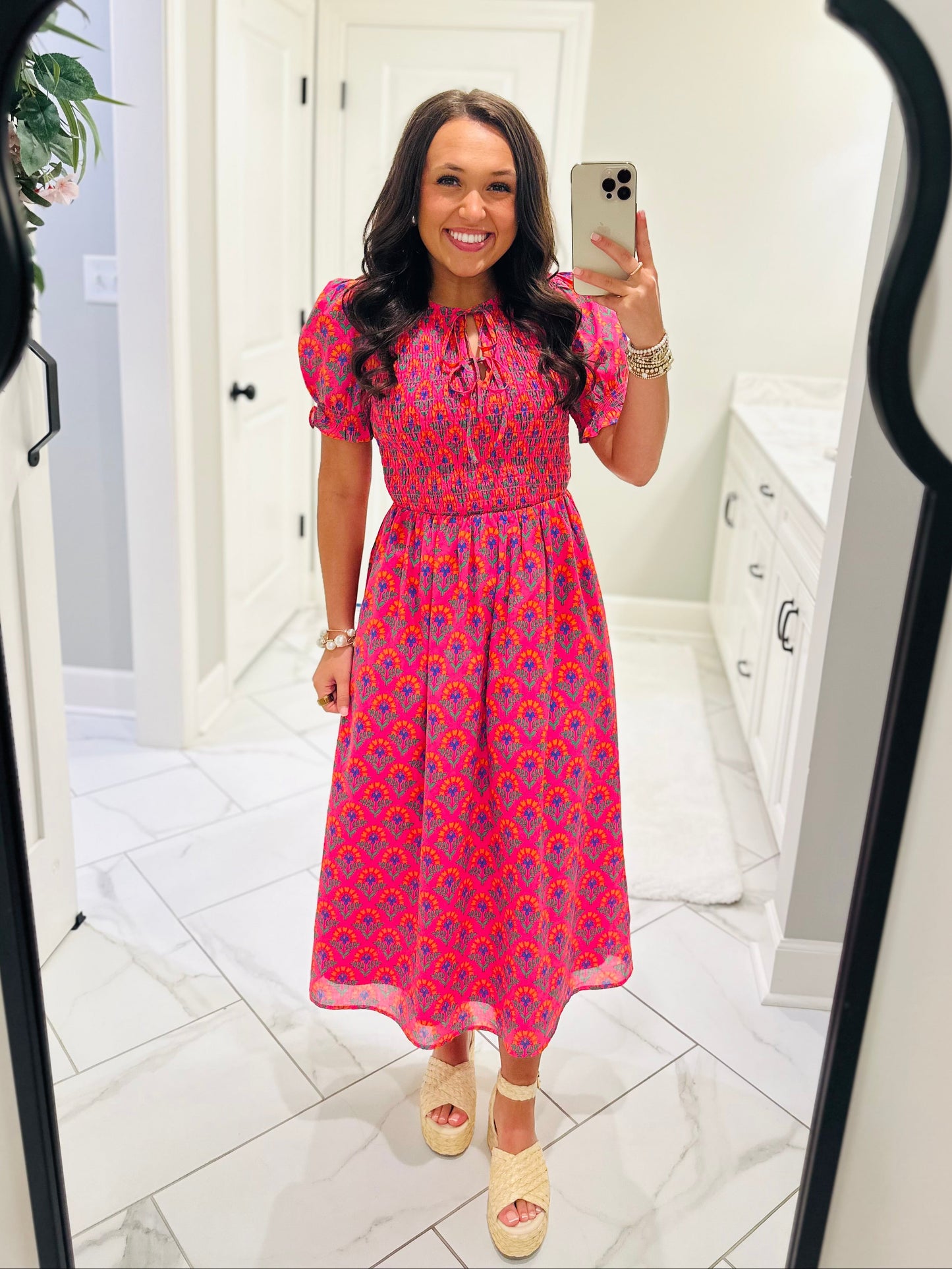 The Tamry Pink Smocked Midi Dress