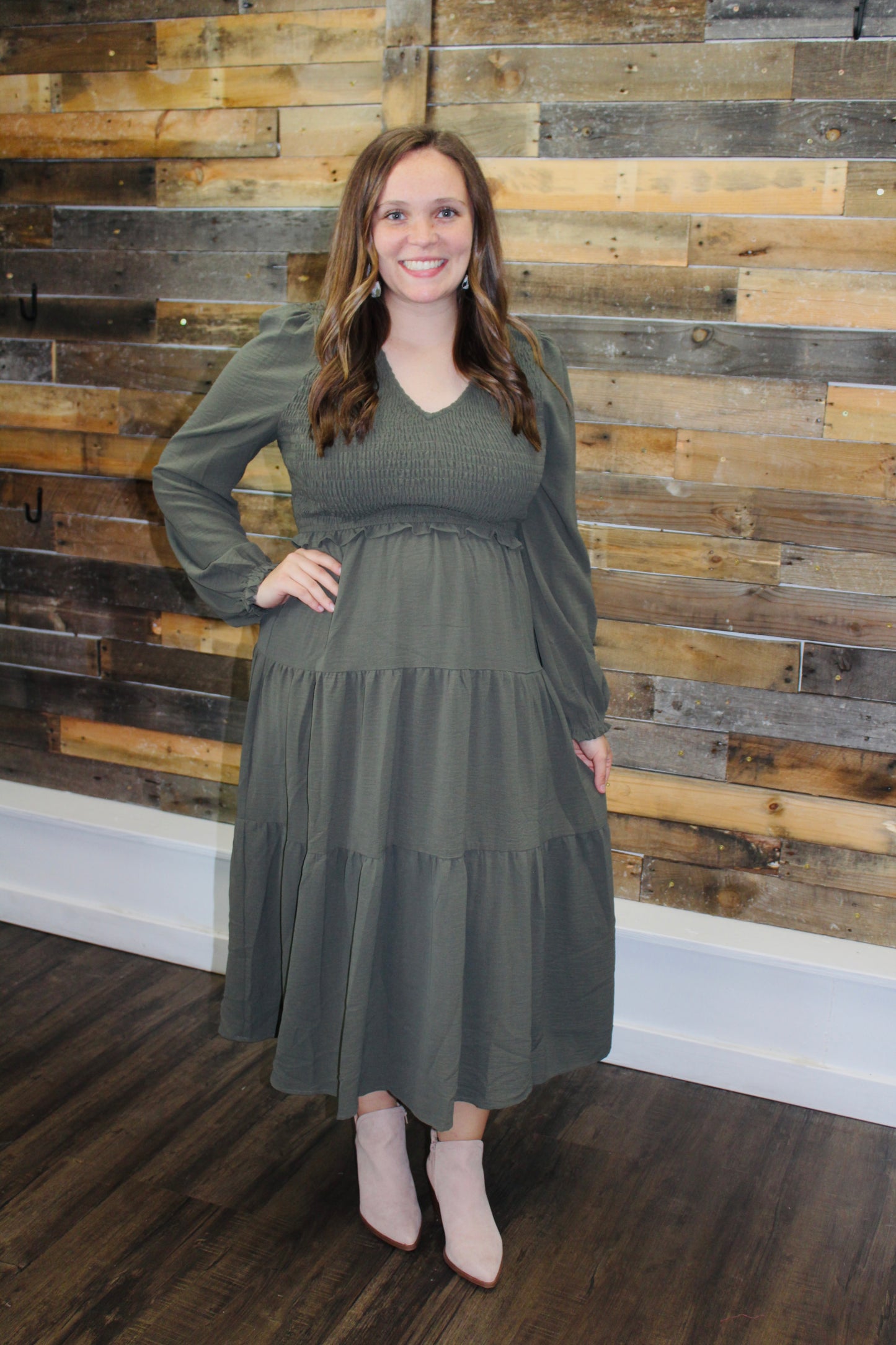 The Aubrey Dark Olive Smocked Midi Dress