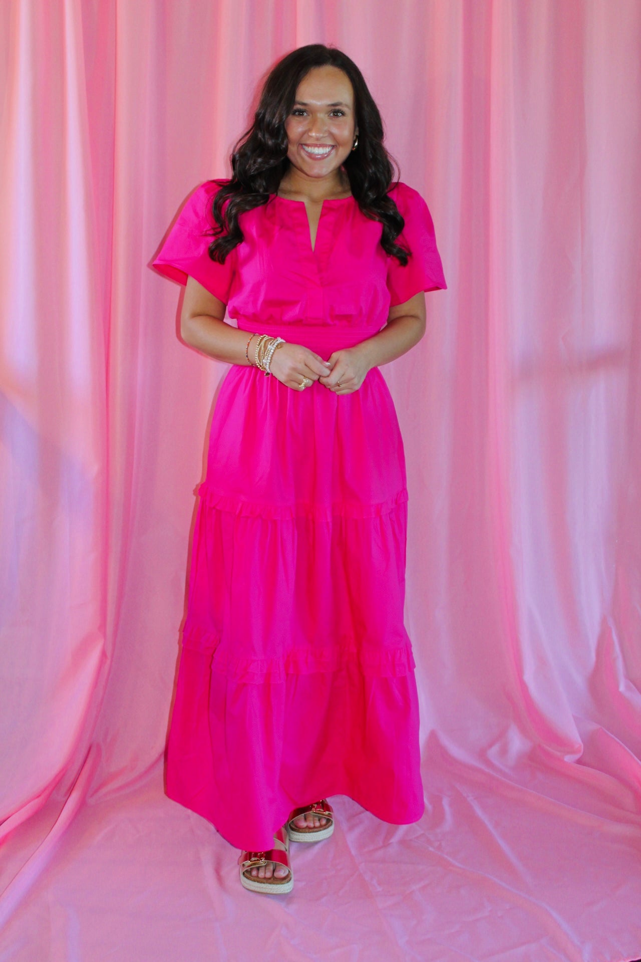 The Rose Hot Pink Palmer Poplin Tiered Maxi Dress