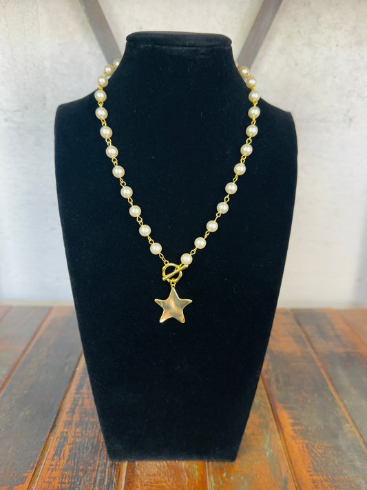 Gold Star Pearl Chain Necklace