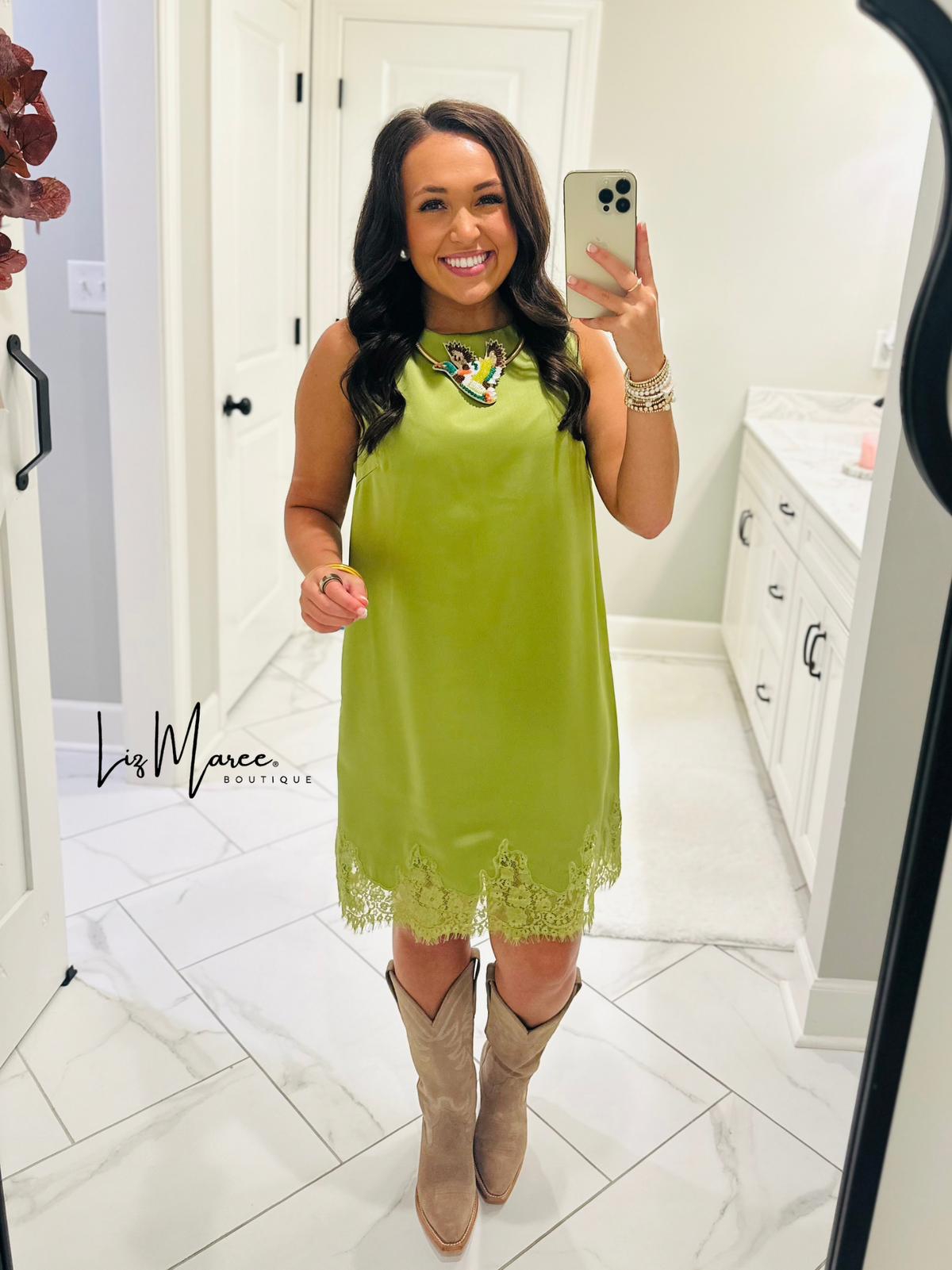 The Lola Olive Green Satin Lace Dress