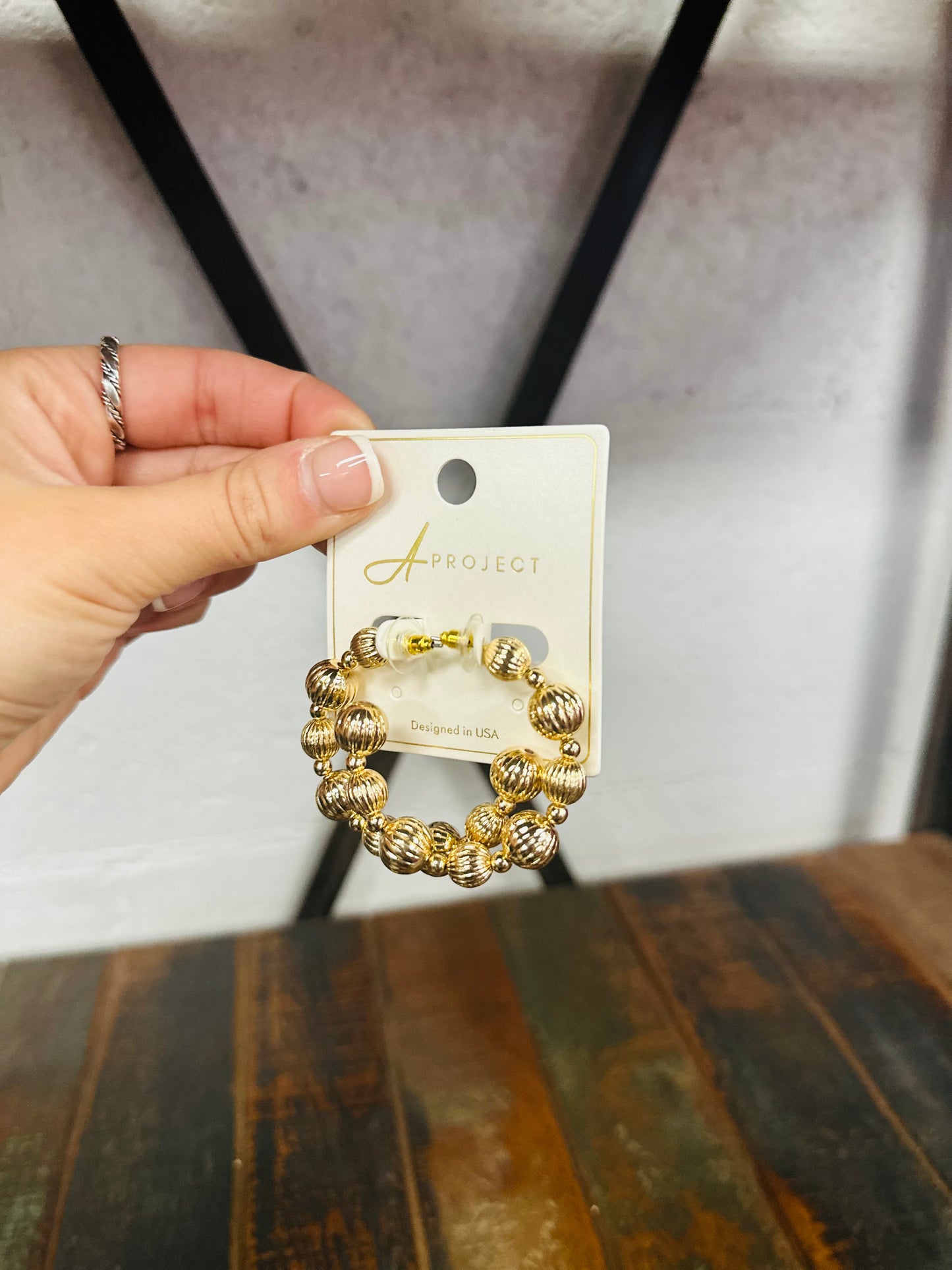 Gold Carved Ball Hoop Earring