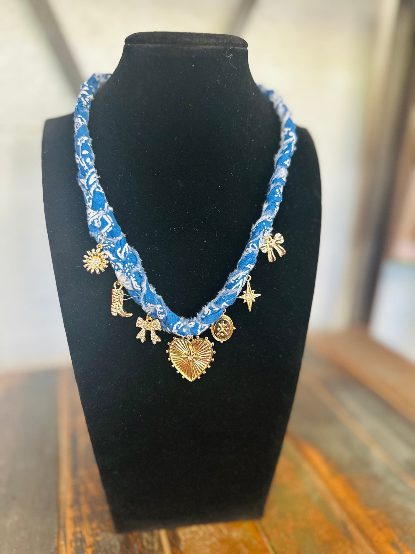 So Sweet & Chic Blue Gold Charm Scarf Necklace