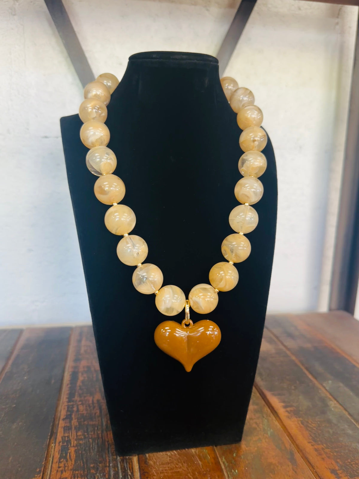 Brown + Beige Puffy Heart Marble Necklace