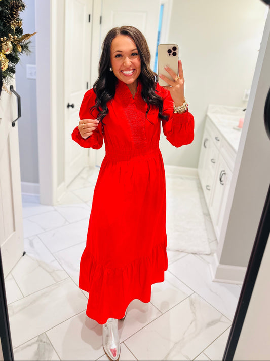 The Rudy Red Long Sleeve Midi Dress