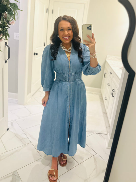 The Libby Denim Light Wash Midi Dress
