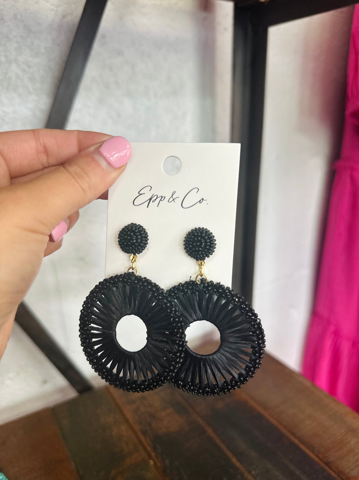 Black Beaded Raffia Circle Drops