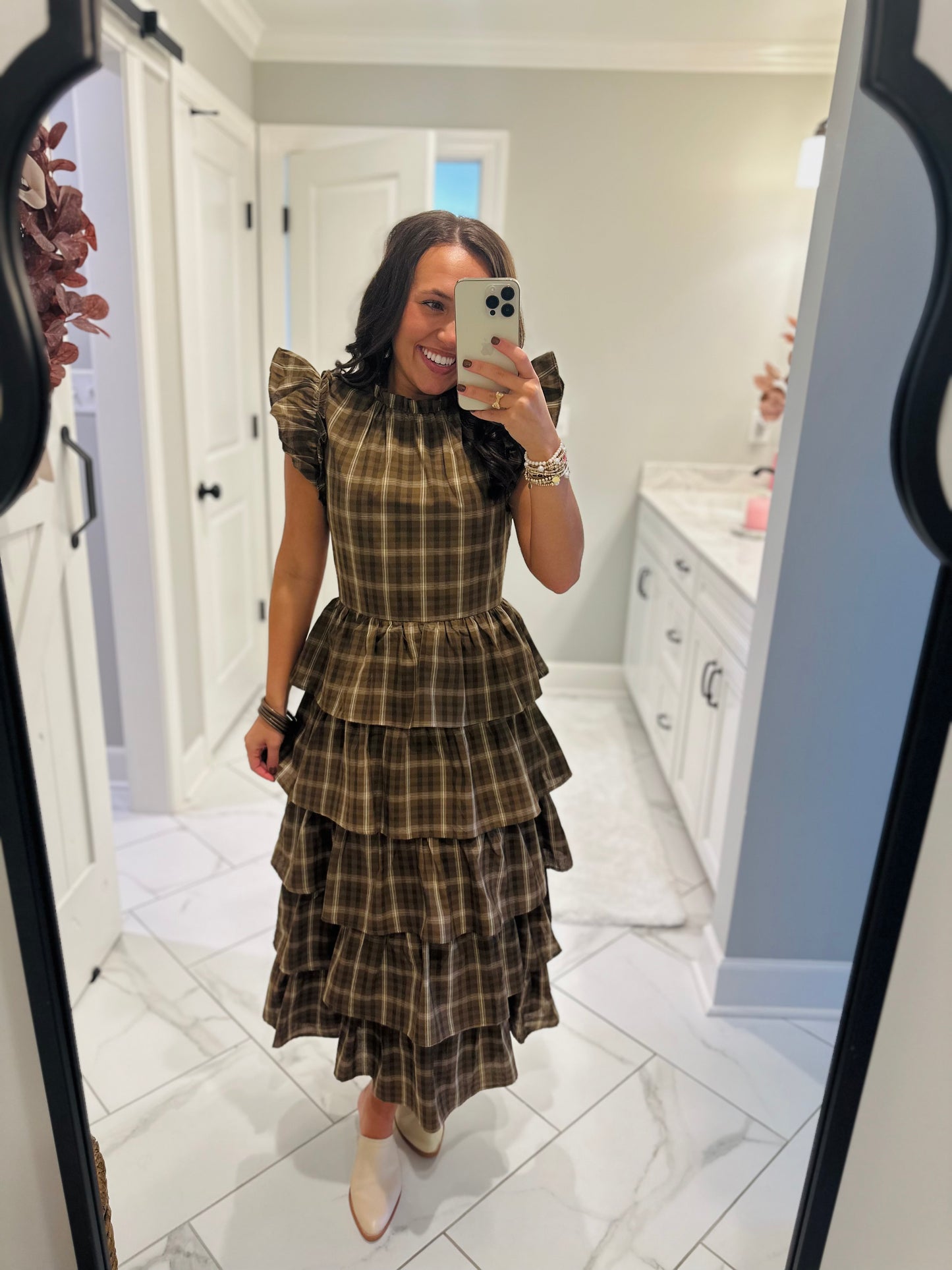 The Timber Brown Plaid Ruffle Tiered Midi Dress