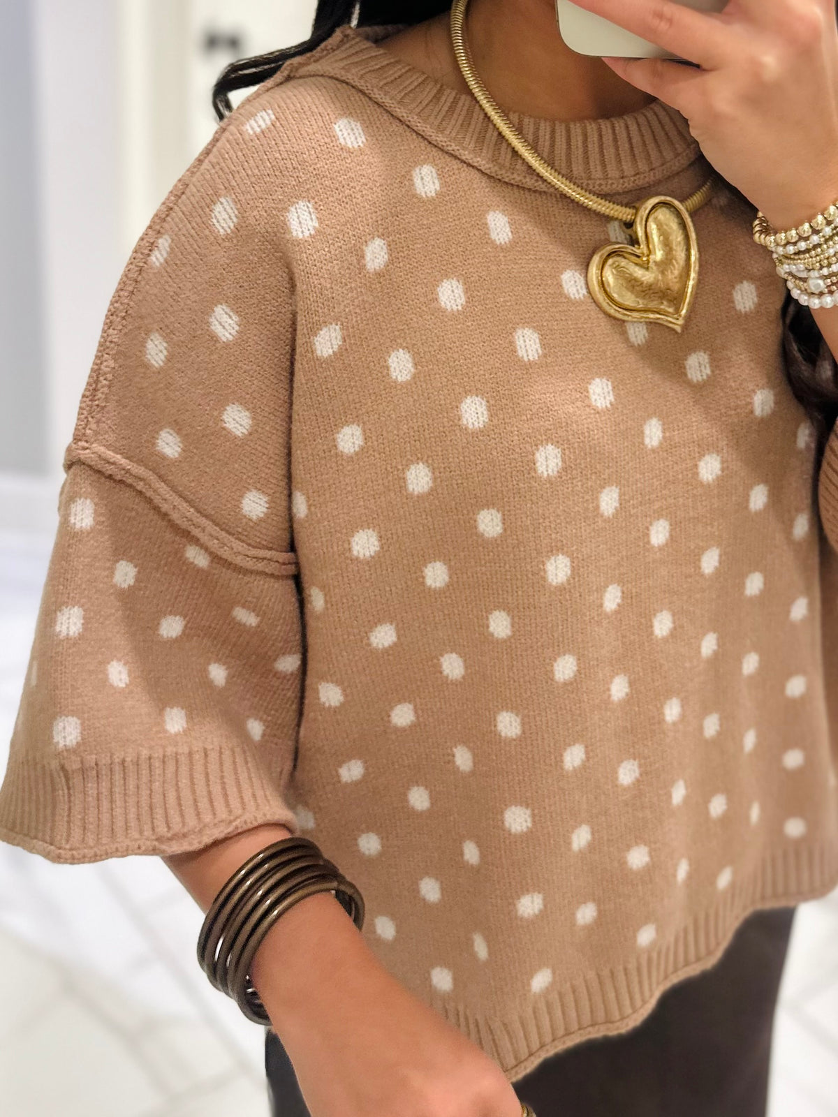 The Penelope Camel Polka Dot Sweater Knit Top