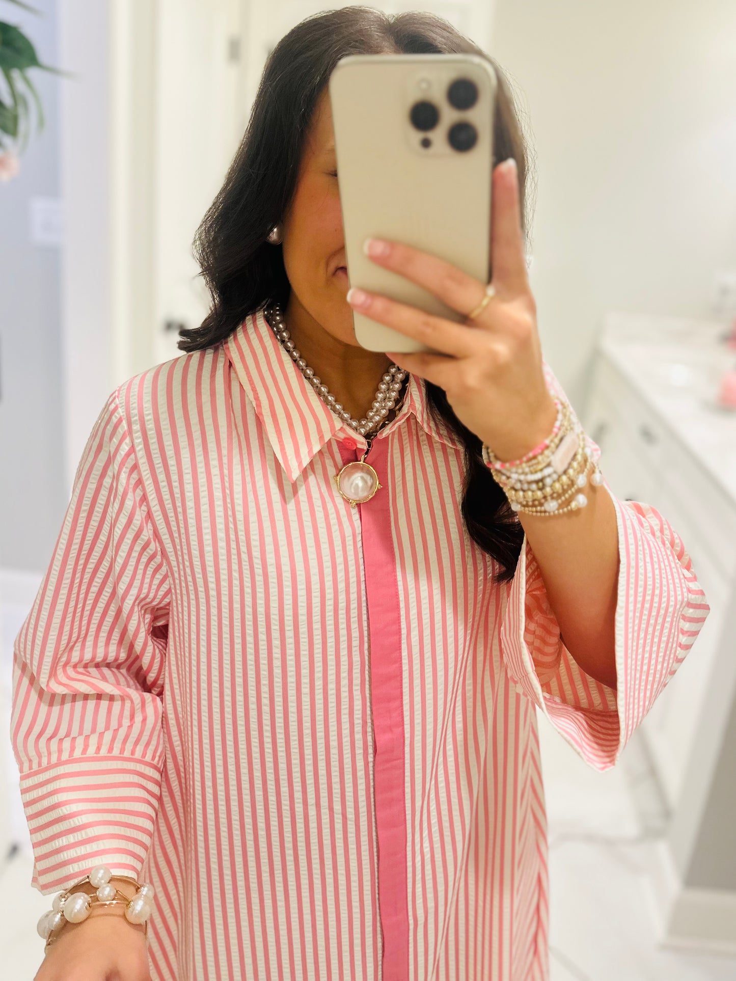 The Nora Pink Striped Midi Dress