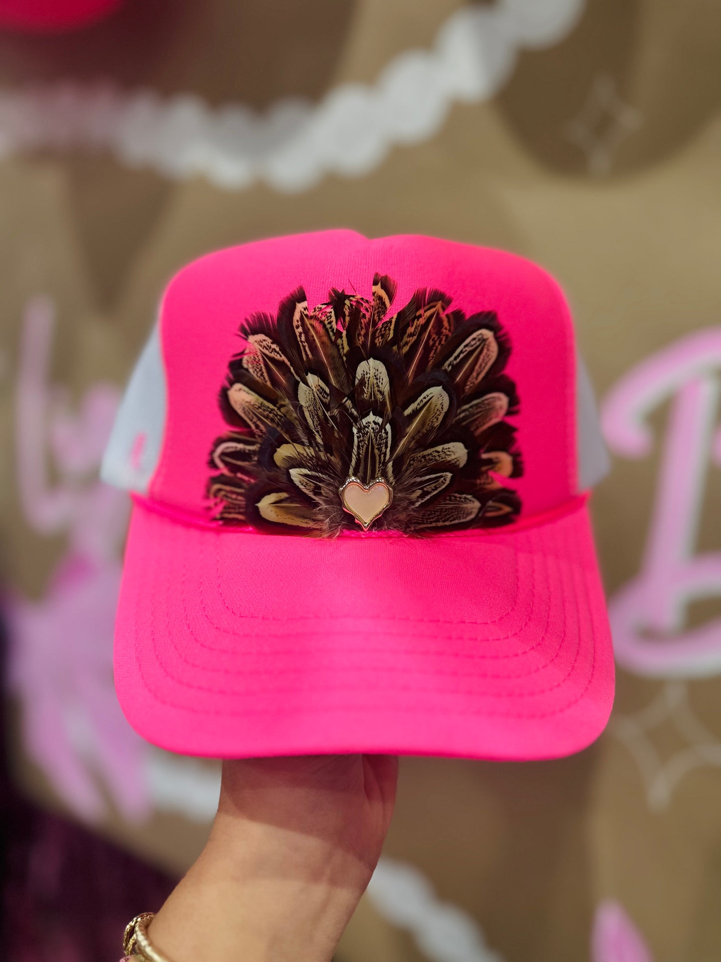 Neon Pink Feather + Heart Trucker Hat