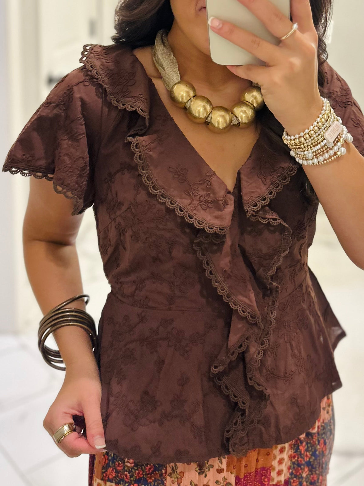 The Lillian Brown Embroidered Floral Peplum Top