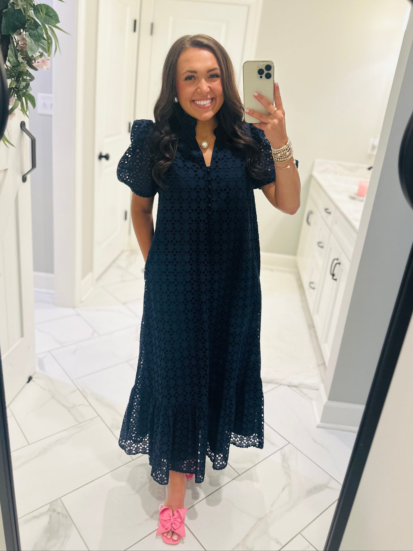 The Liz Navy Eyelet Midi Dress