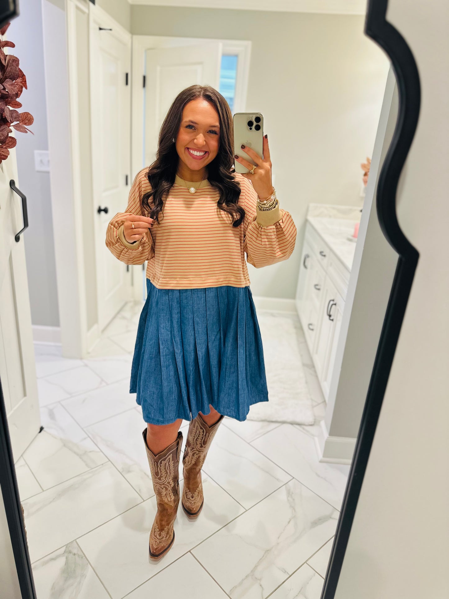 The Ella Long Sleeve Pleated Dress - Taupe / Denim