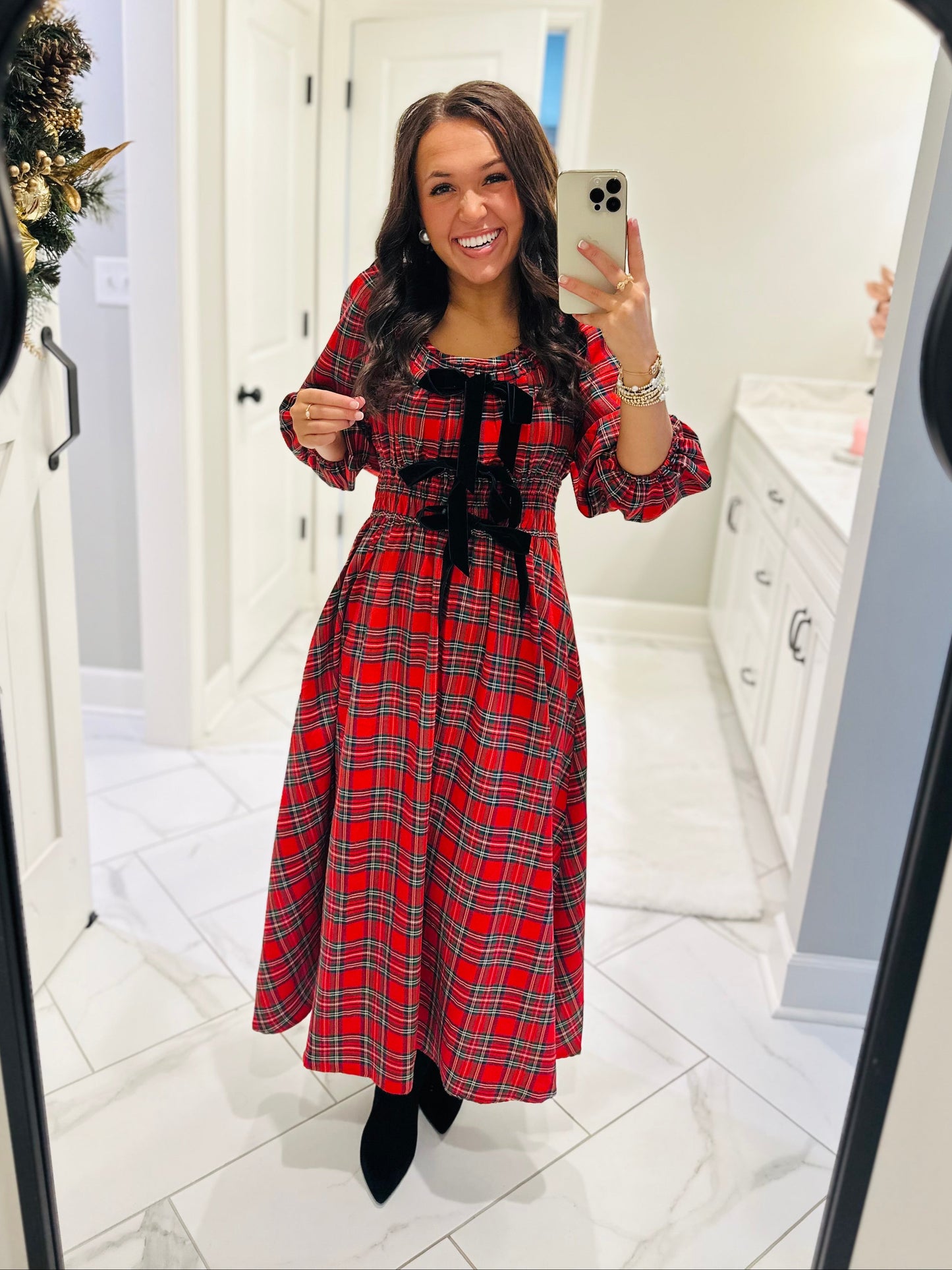 The Eve Red Holiday Plaid Bow Midi Dress