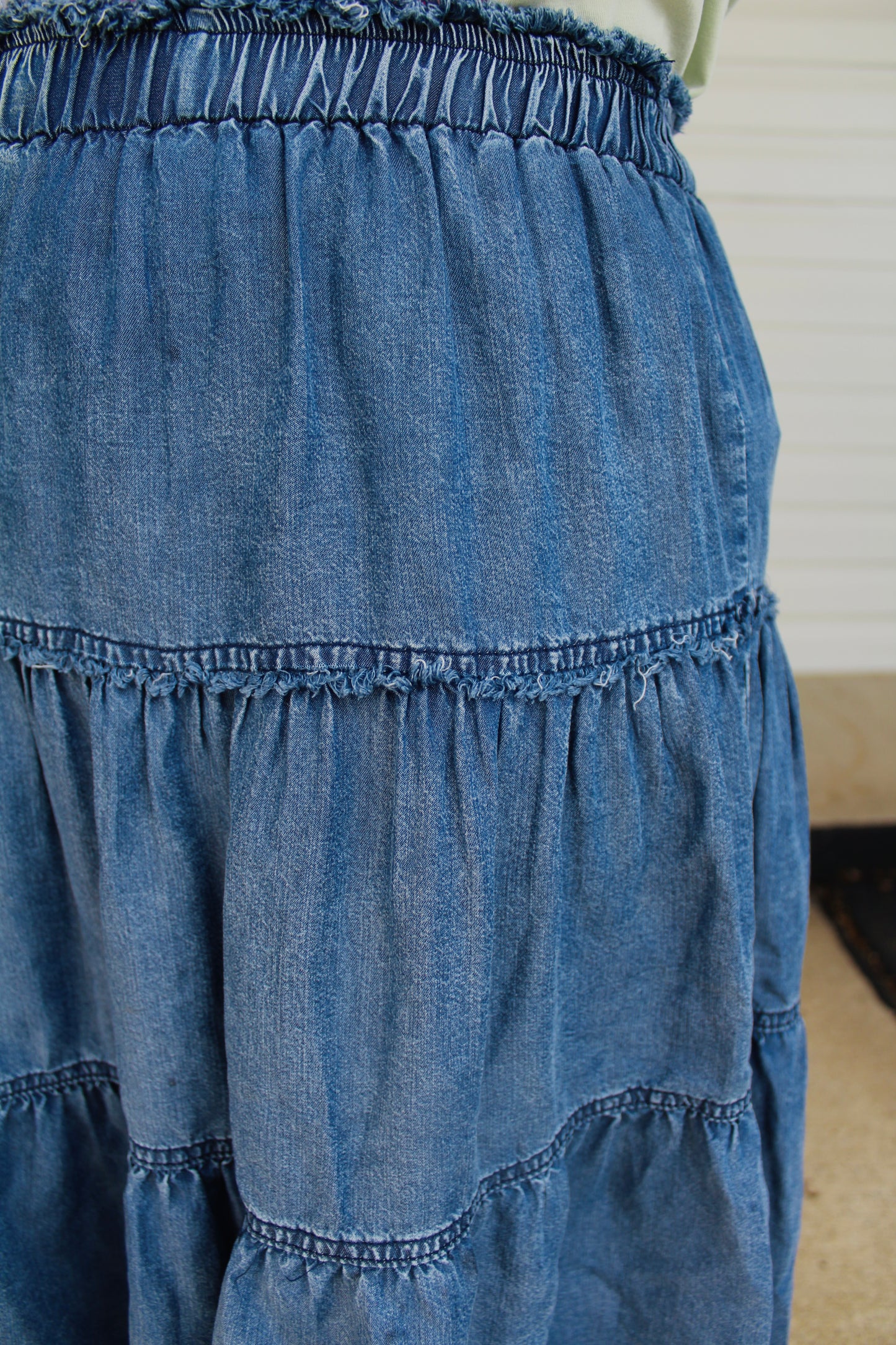 The Ashley Tiered Frayed Denim Skirt