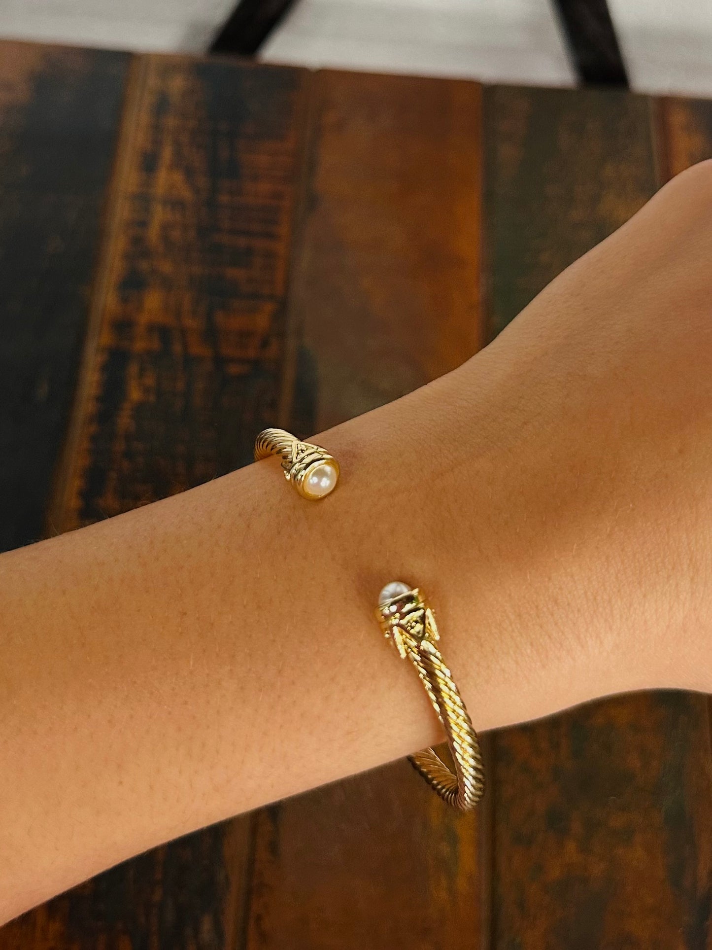 Gold Pearl End Cable Cuff Bracelet