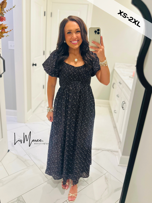 The Miley Dark Brown Ditsy Floral Smocked Maxi Dress