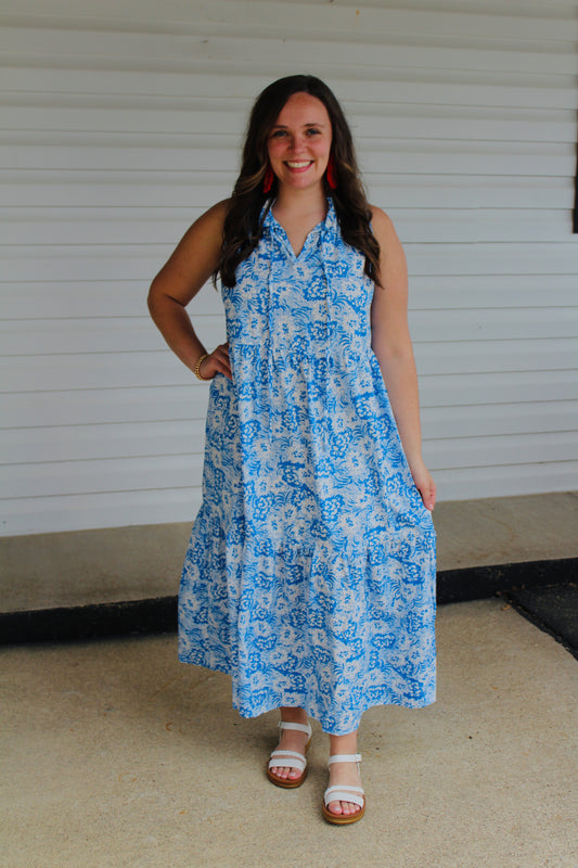 The Leia Blue Floral Print Midi Dress