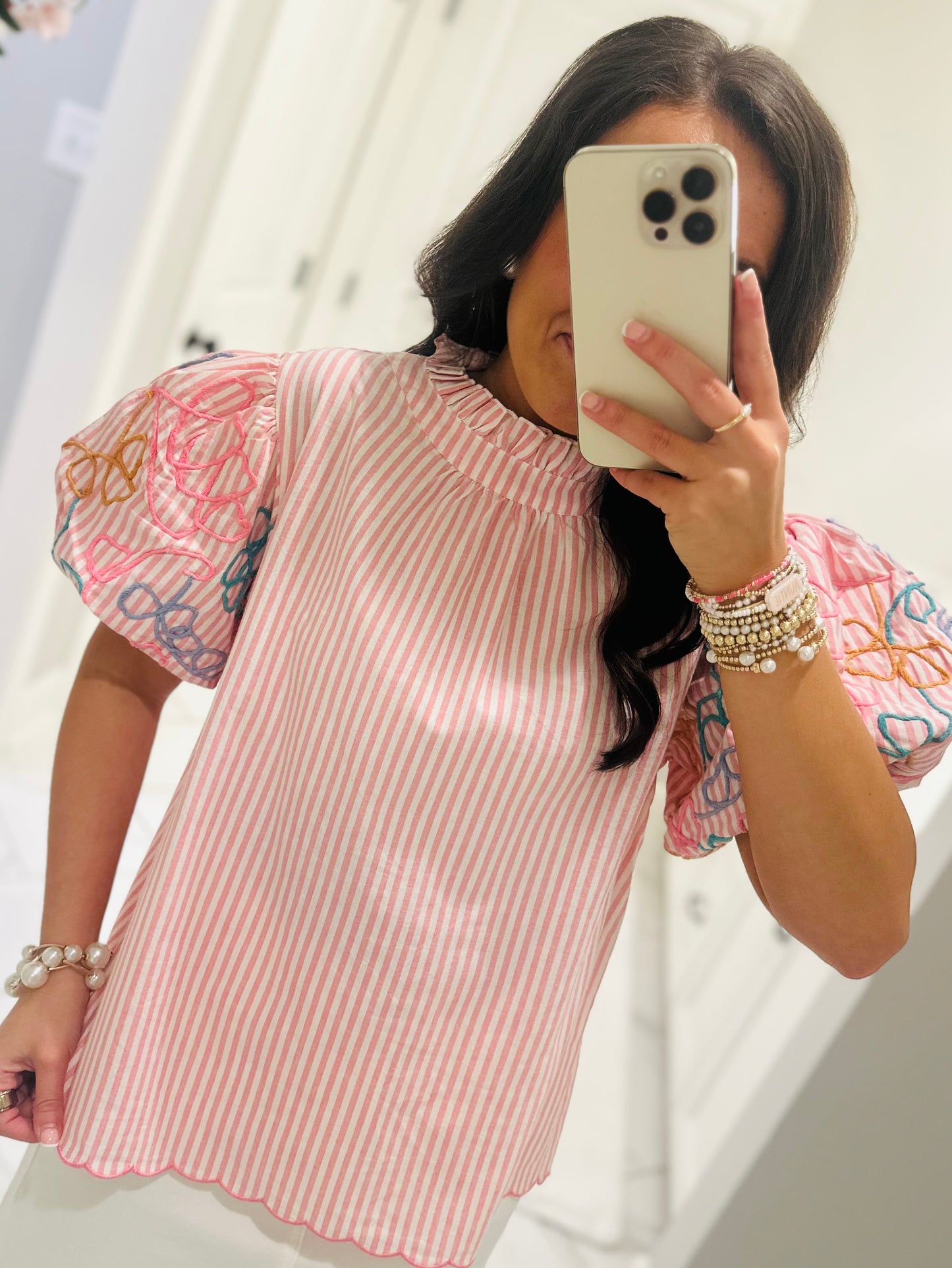 The Madi Rose Pink Striped Bubble Sleeve Top