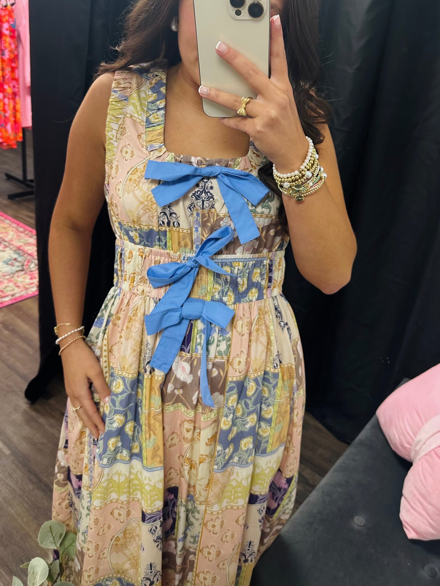 The Avery Patchwork Bow Midi Dress