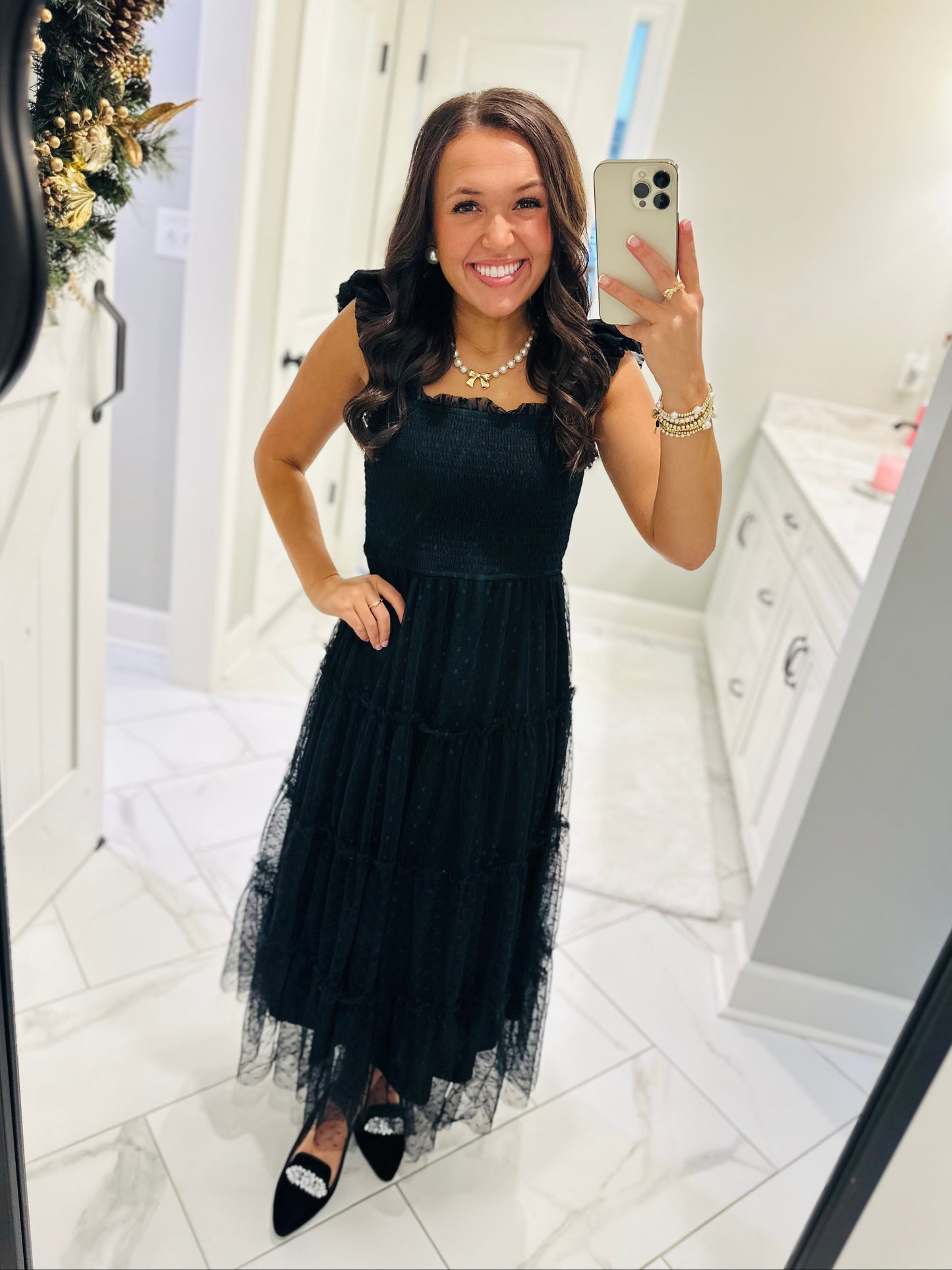 The Noelle Black Polka Dot Chiffon Smocked Midi Dress