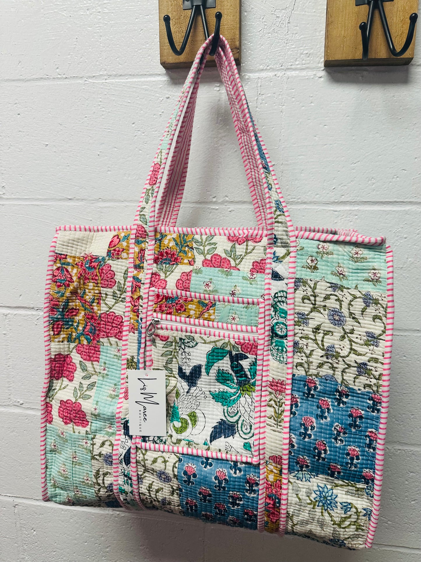 The Pink + Blue Multicolor Patchwork Quilted Tote Bag
