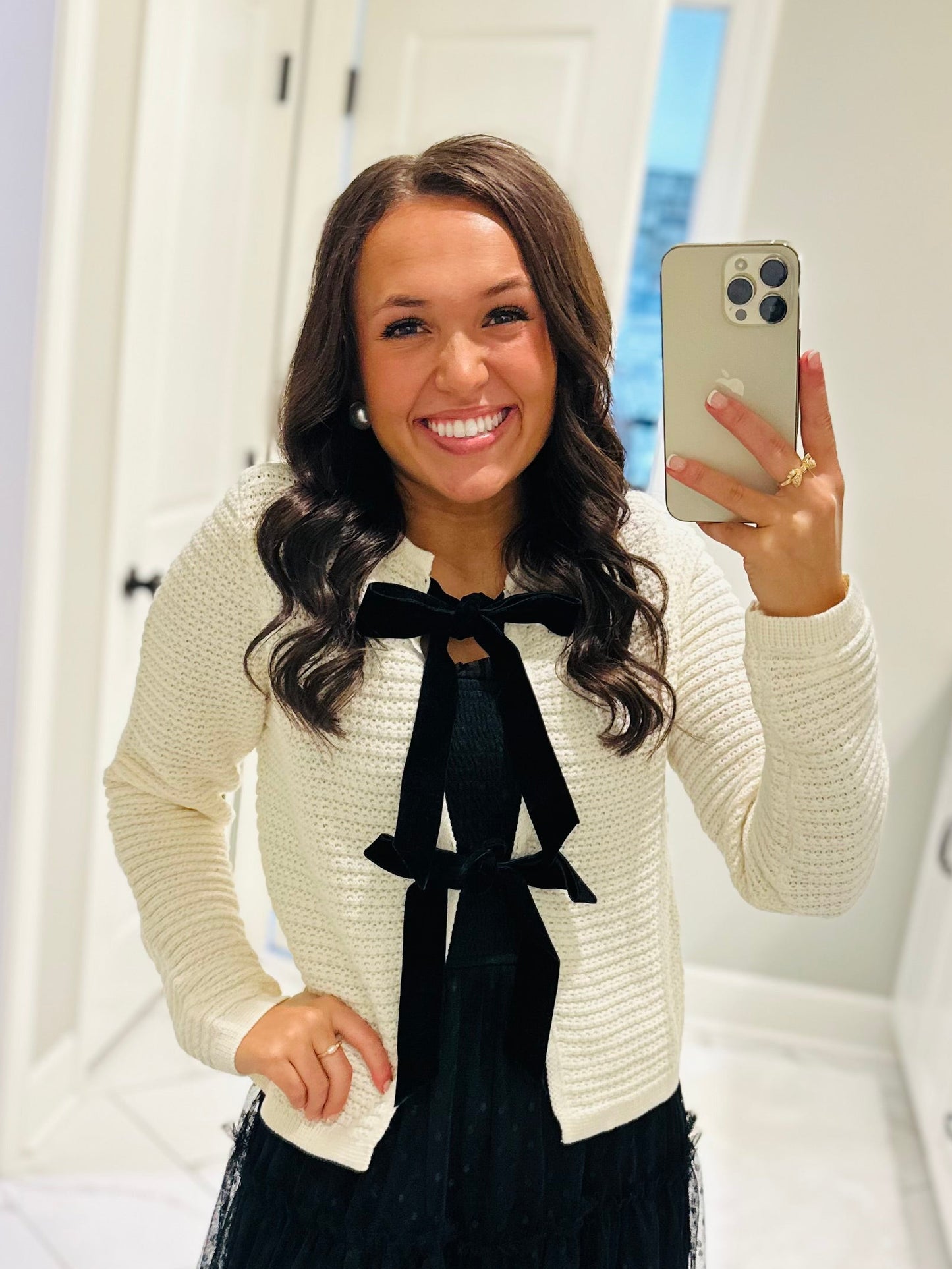 The Sofia Cream + Black Velvet Bow Cardigan