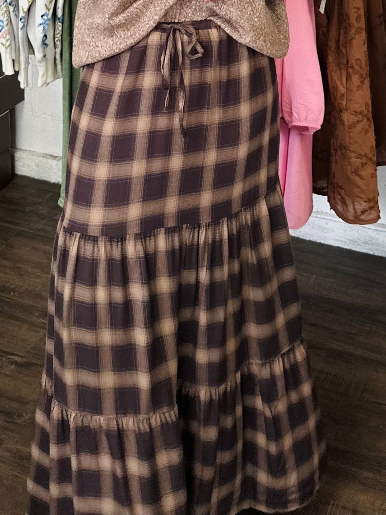 The Ember Brown Plaid Tiered Maxi Skirt