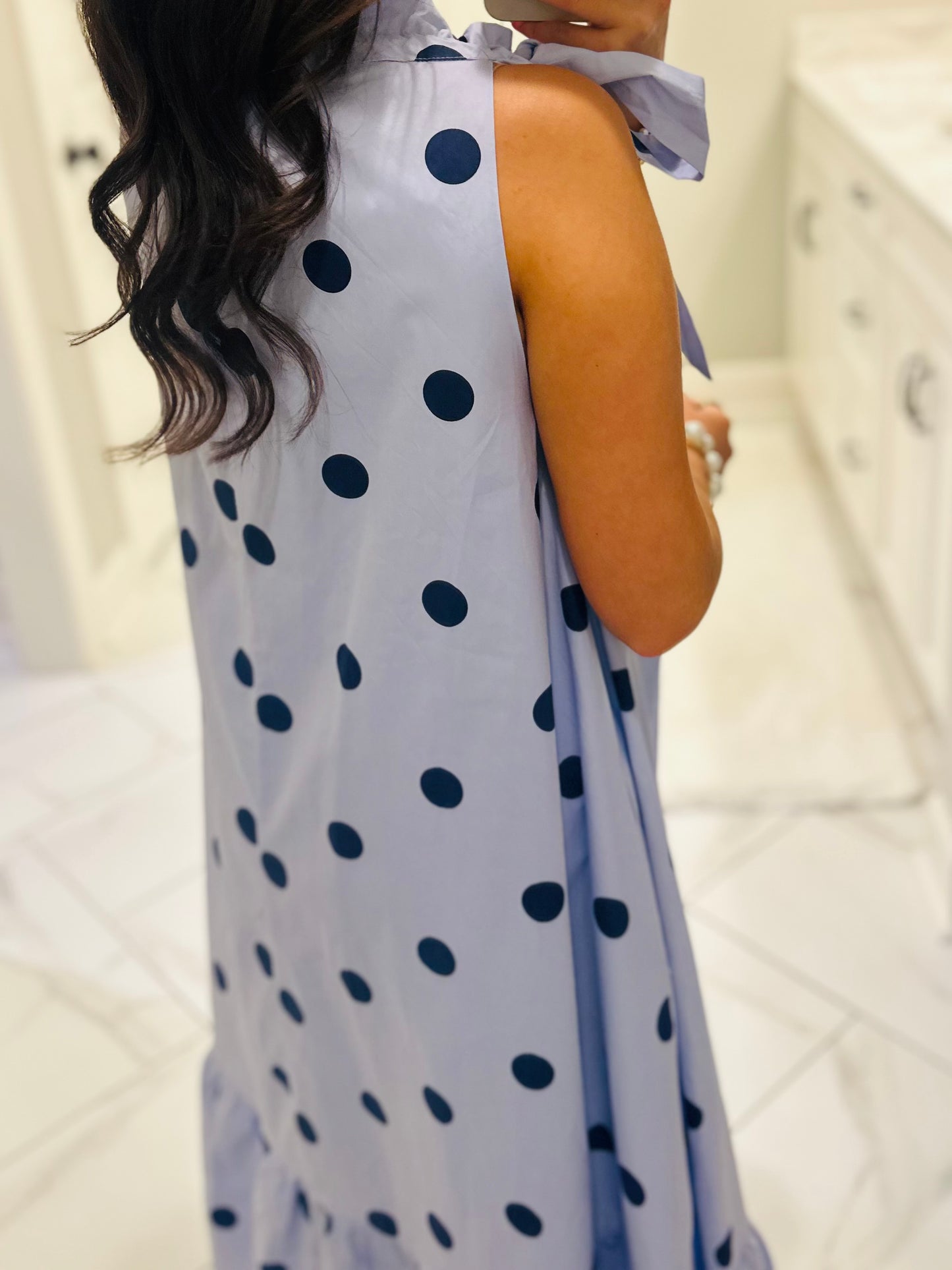 The Leighton Blue Polka Dot Neck Tie Midi Dress